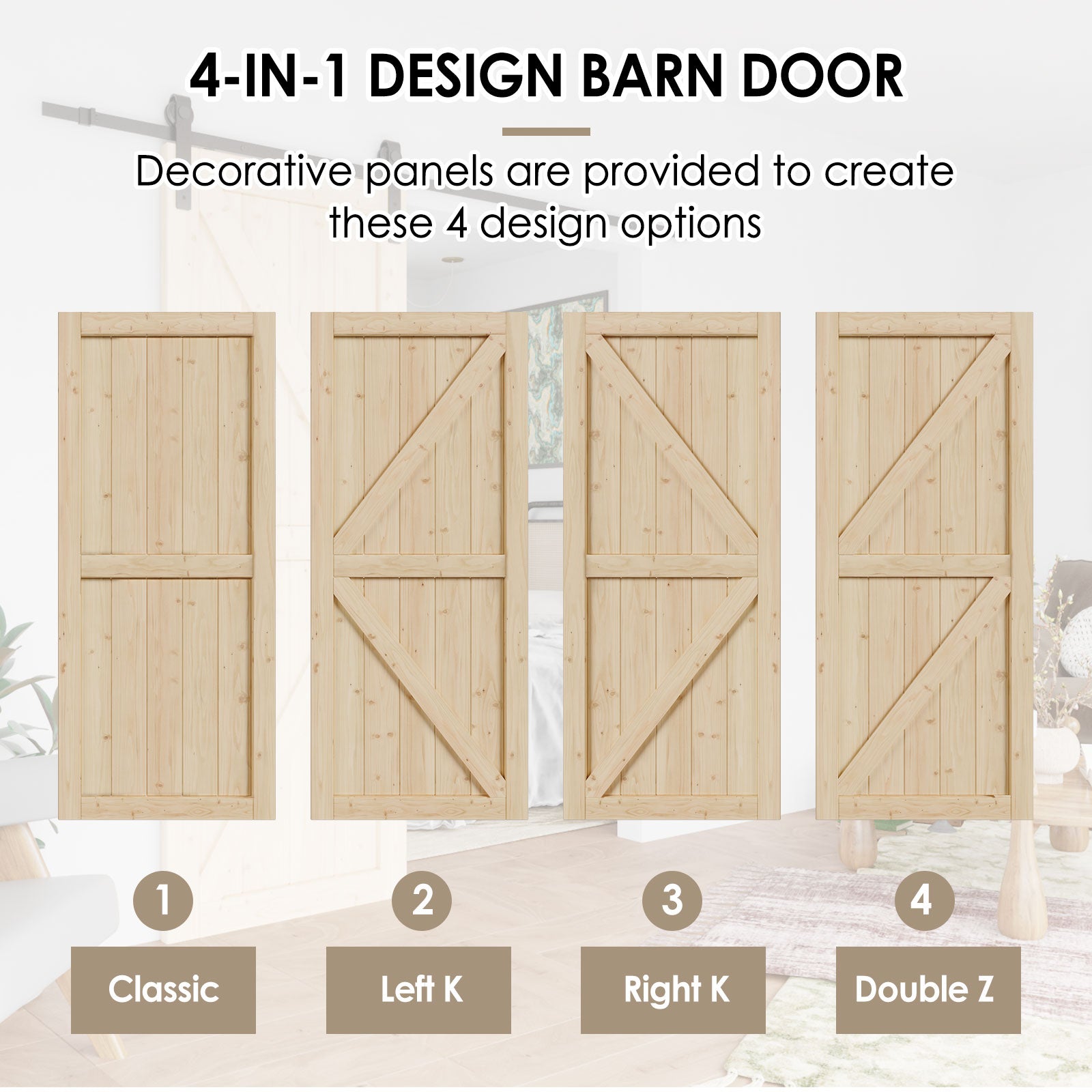 TENONER Pine Wood Barn Door, Sliding Barn Door with All Hardware Kit Included, Pre-Drilled Easy to Assemble, DIY Unfinished K-Frame Solid Core Single Barn Door, Natural