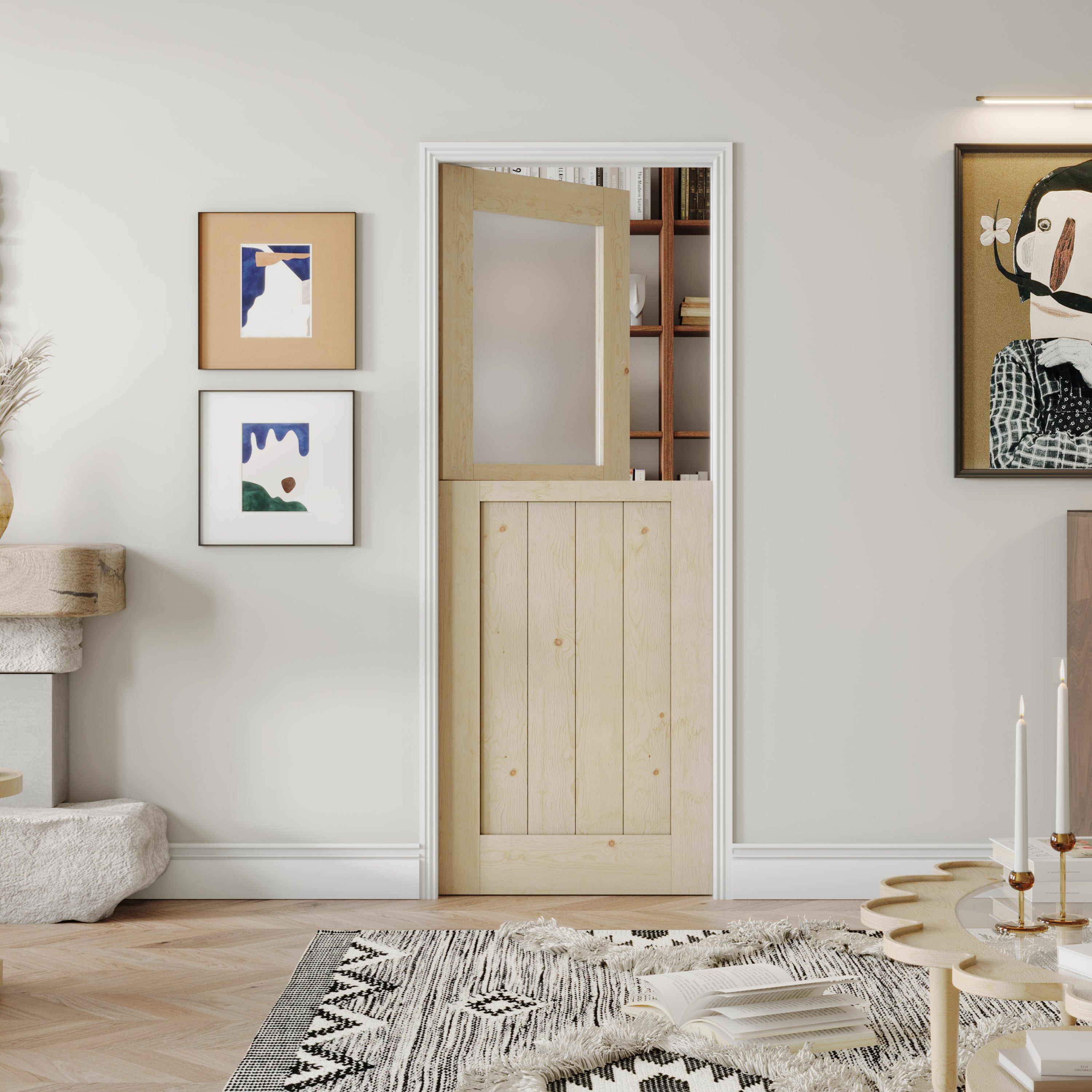 Interior Dutch Door, 24/30/32 in. x 80 in. Half Frosted Glass Split Single Door Slab, Modern Style Farmhouse Closet Door, Natural Pine Wood(Not Include Door Hinges)