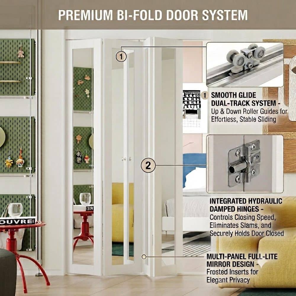 White MDF PVC Covering Full Light Mirrored 4-Panel Bi-Fold Door for Closet, Laundry Room, Bathroom - Space-Saving