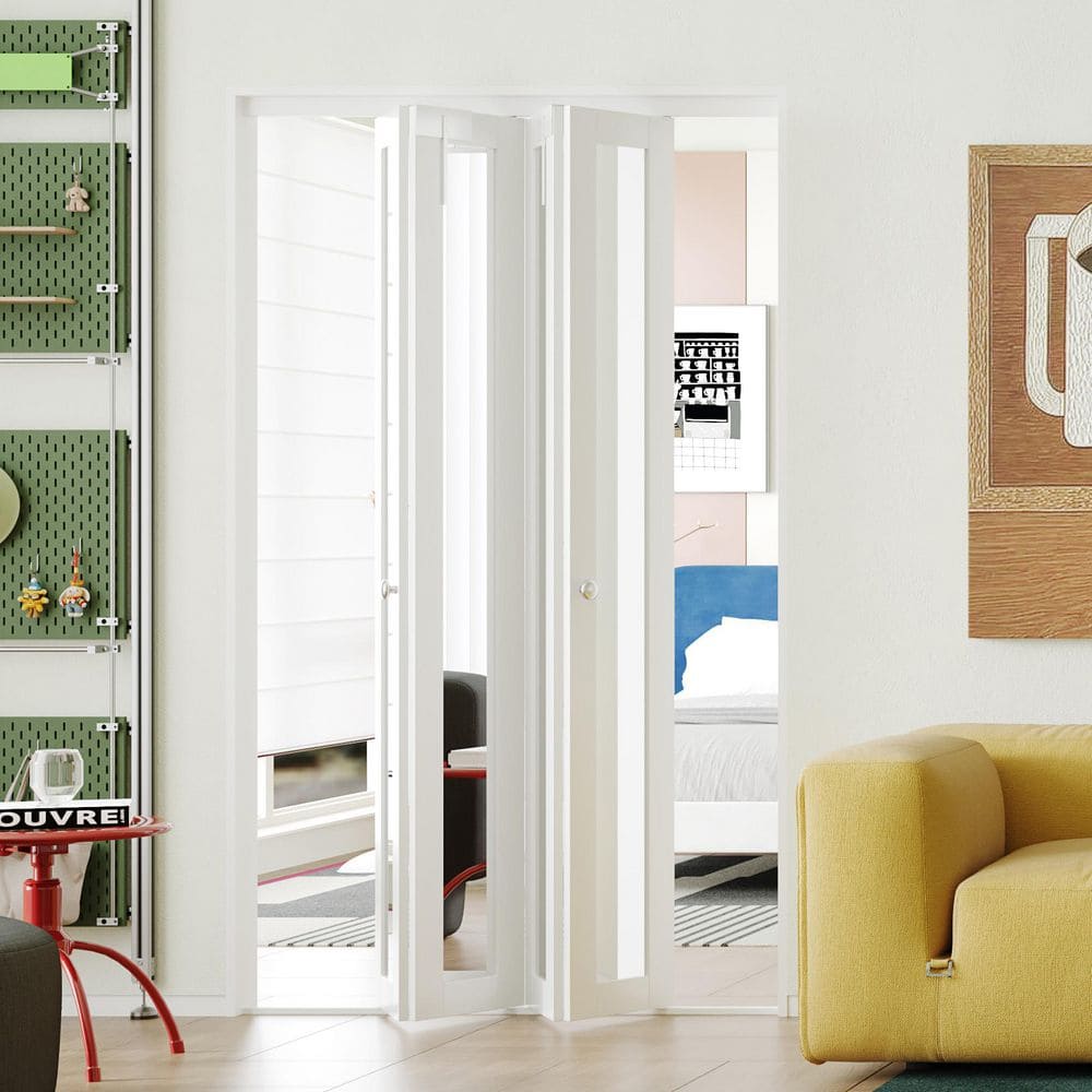White MDF PVC Covering Full Light Mirrored 4-Panel Bi-Fold Door for Closet, Laundry Room, Bathroom - Space-Saving