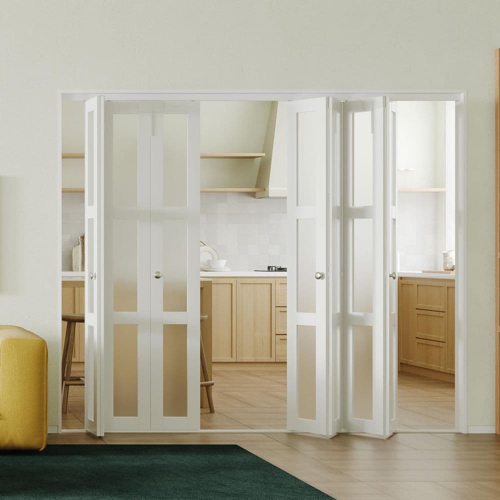 White MDF PVC Covering 3-Lite Frosted Glass 4-Panel Bi-Fold Door for Closet, Laundry Room, Bathroom - Space-Saving