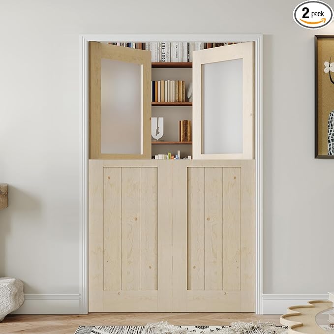 Double Interior Dutch Door, 48/60/64 in. x 80 in. Half Frosted Glass Split Single Door Slab, Modern Style Farmhouse Closet Door, Natural Pine Wood(Not Include Door Hinges)