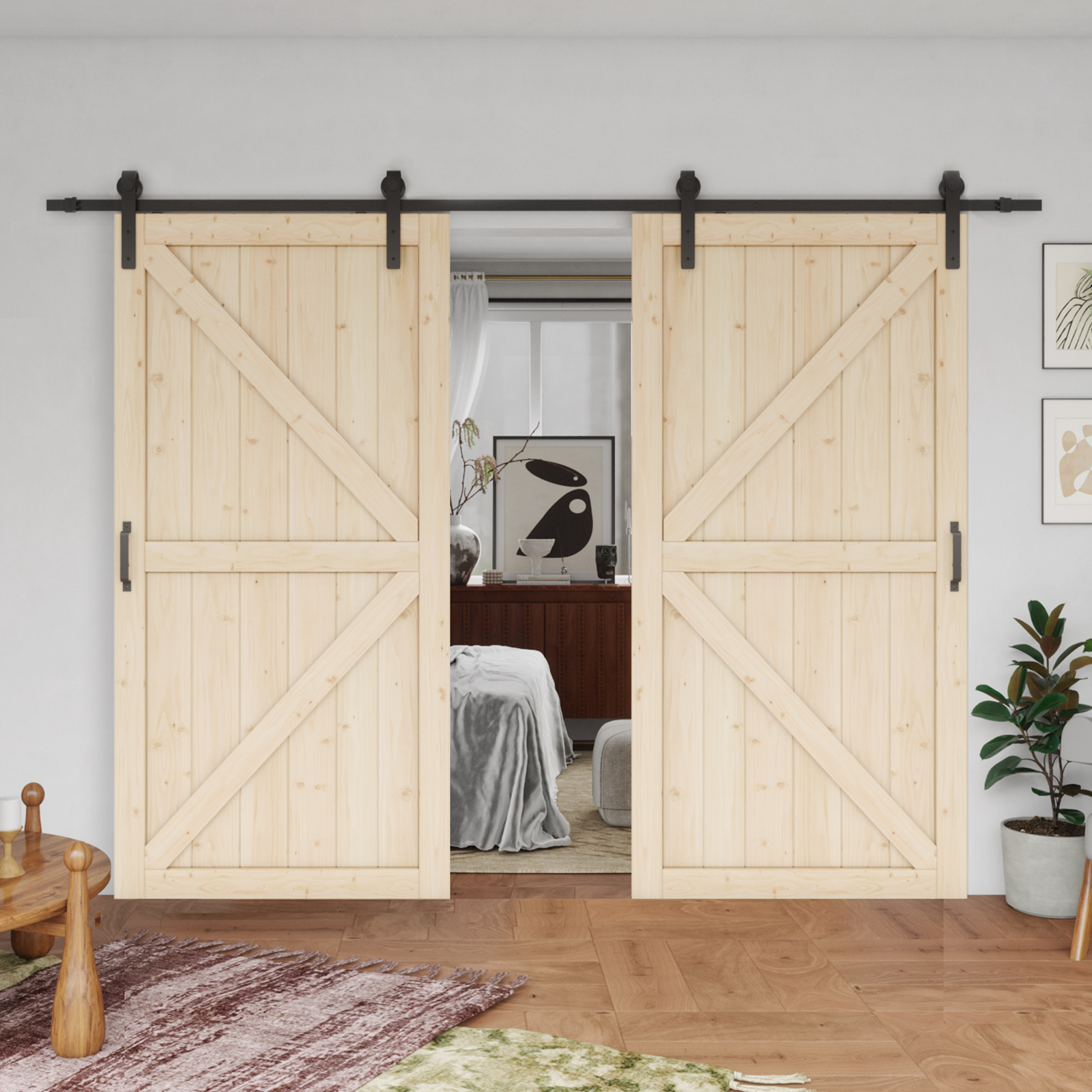 TENONER Double Pine Wood Barn Door, Sliding Barn Door with All Hardware Kit Included, Pre-Drilled Easy to Assemble, DIY Unfinished K-Frame Solid Core Single Barn Door, Natural