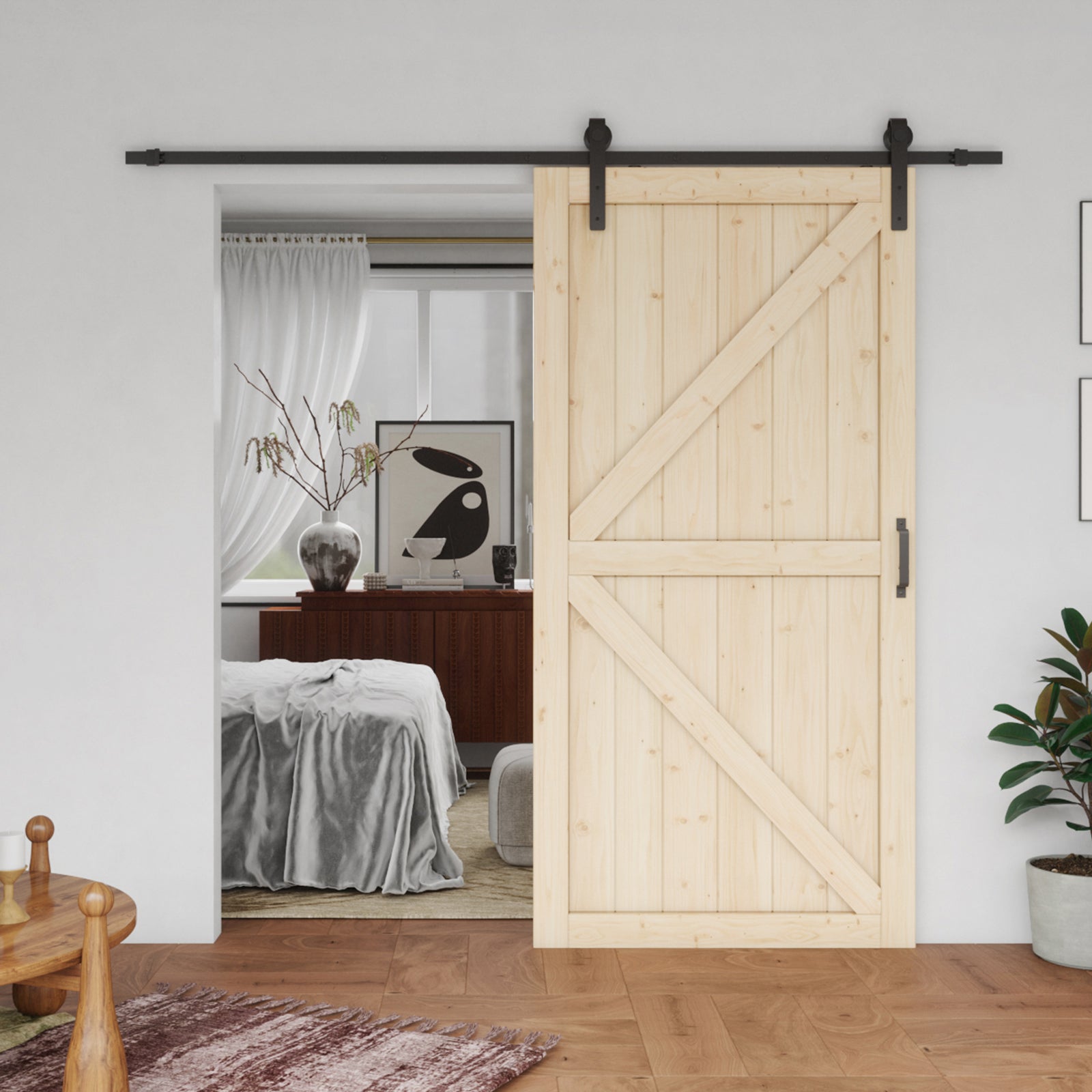 TENONER Pine Wood Barn Door, Sliding Barn Door with All Hardware Kit Included, Pre-Drilled Easy to Assemble, DIY Unfinished K-Frame Solid Core Single Barn Door, Natural