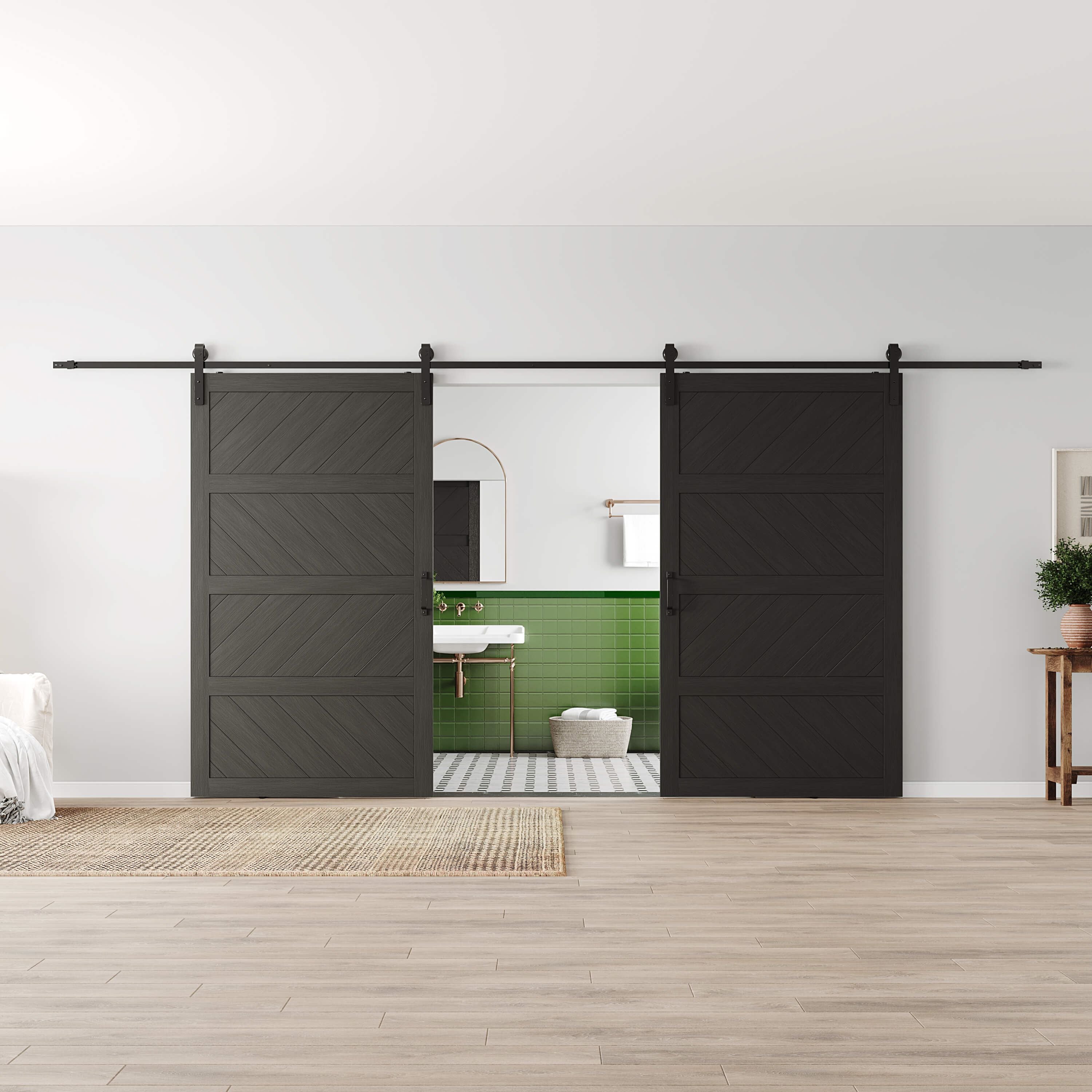 TENONER Sliding Barn Door, Paneled Wood Wave Barn Door,Hardware Kit Included,Water-Proof PVC Surface,Assembly Needed, Black