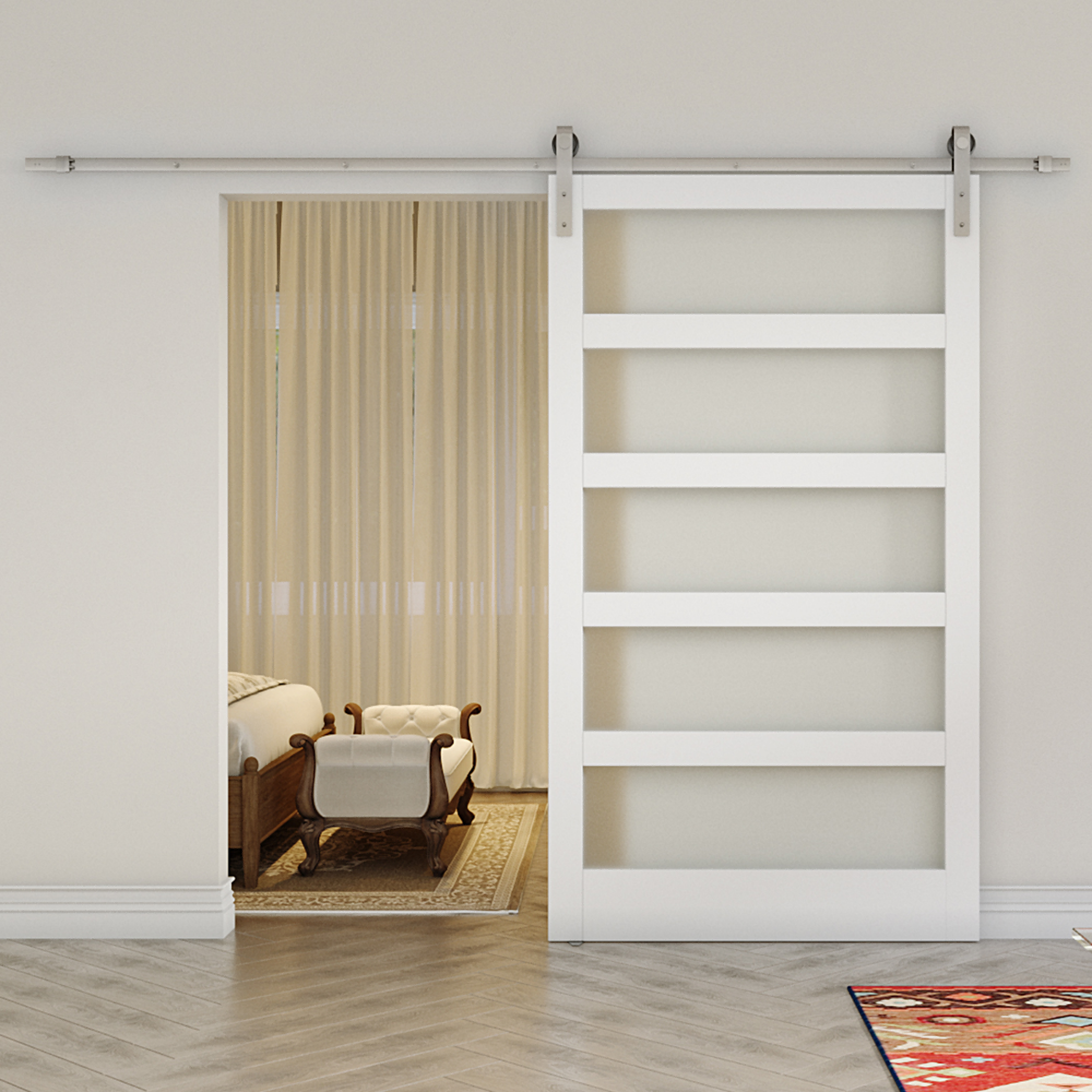 TENONER Sliding Barn Door, Brushed Nickel Sliding Door Hardware Kit Included,5-Panel Frosted Glass Framed with MDF & PVC Frame,Assembly Needed,White