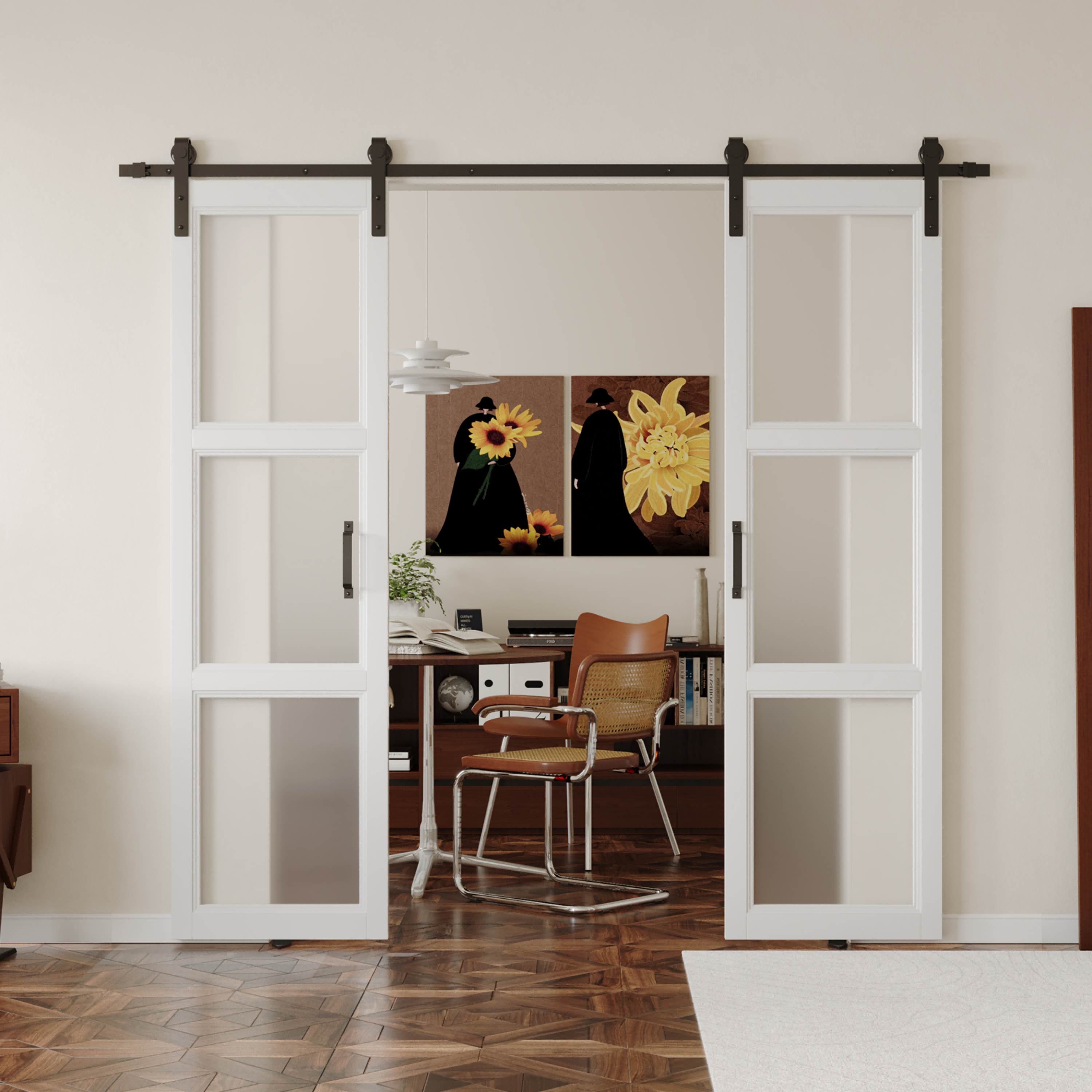 TENONER White Double Sliding Barn Door, Frosted 3 Panel Glass Barn Doors Sturdy Durability Double Barn Doors with Hardware Need to Assemble Suitable for Living Room