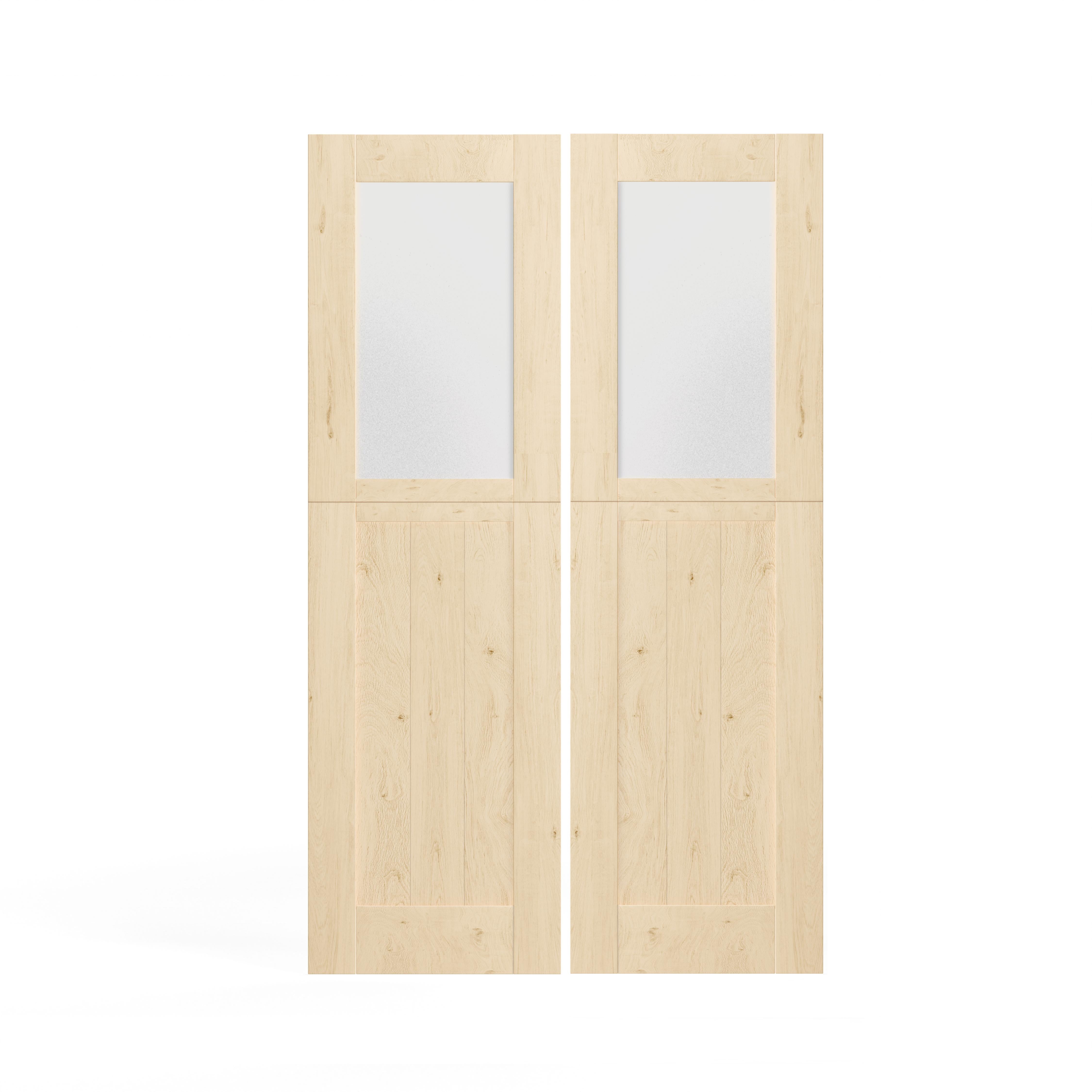 Double Interior Dutch Door, 48/60/64 in. x 80 in. Half Frosted Glass Split Single Door Slab, Modern Style Farmhouse Closet Door, Natural Pine Wood(Not Include Door Hinges)