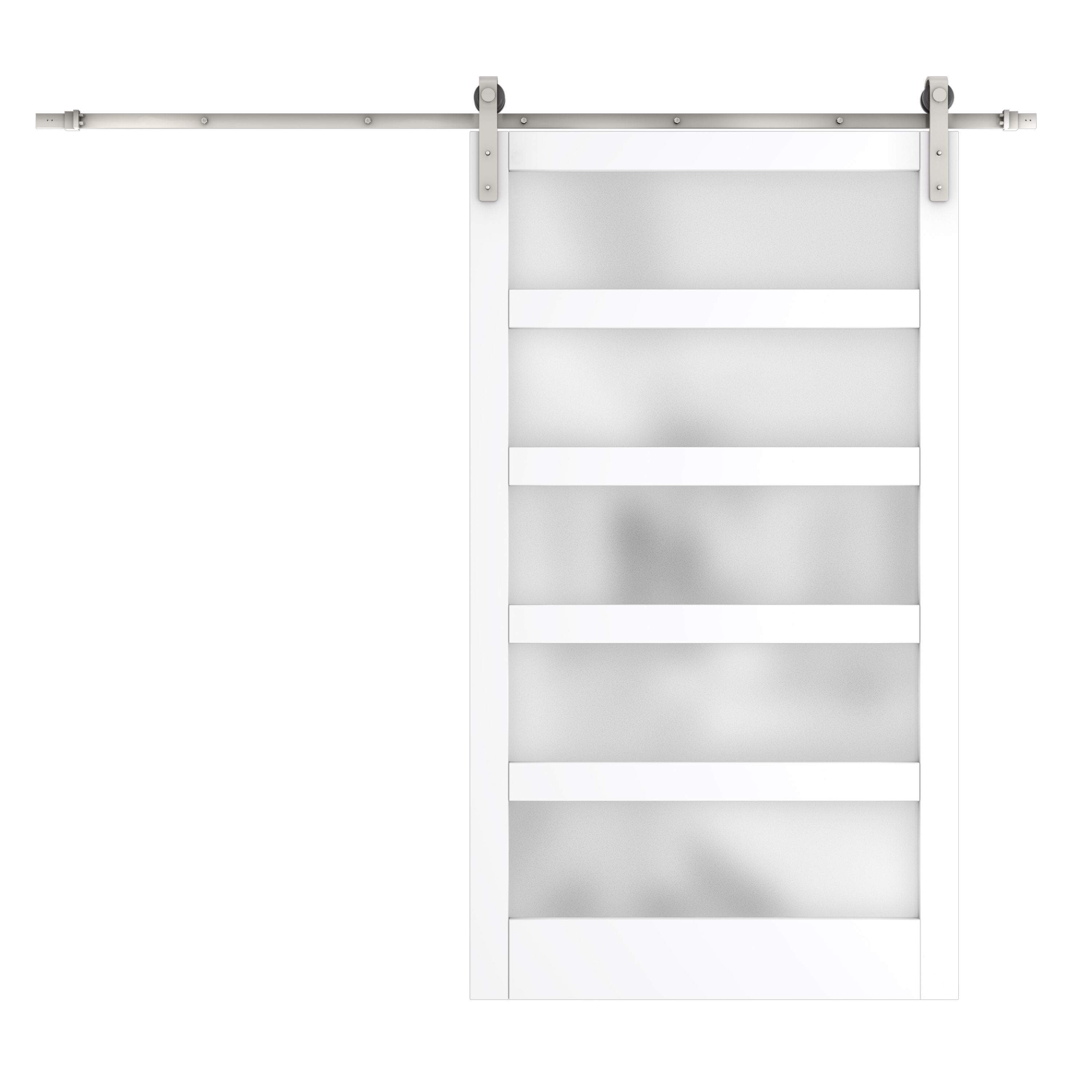 TENONER Sliding Barn Door, Brushed Nickel Sliding Door Hardware Kit Included,5-Panel Frosted Glass Framed with MDF & PVC Frame,Assembly Needed,White