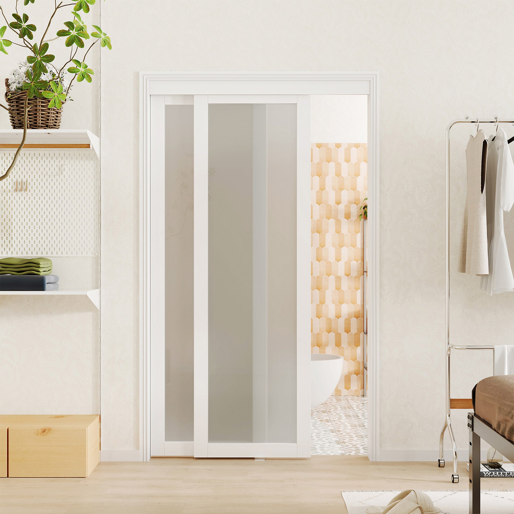 TENONER Sliding Closet Door - 1 Lite Frosted Glass Sliding Door with Hardware Track Kit & Floor Guide, Finished Doors 2 Panels, MDF, White