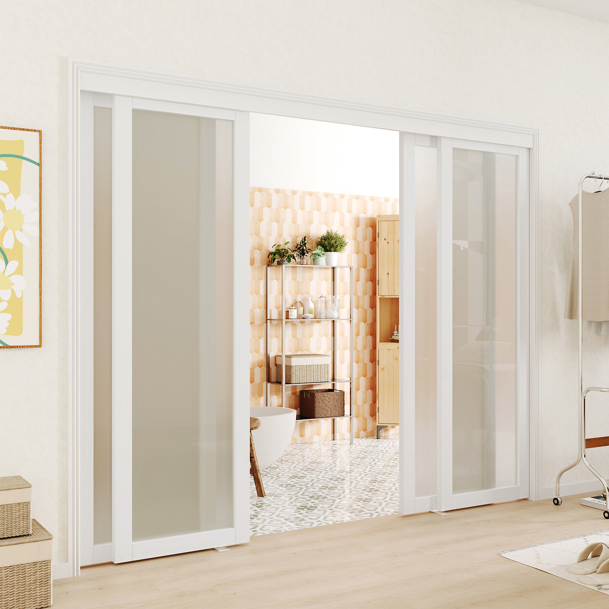 TENONER Double Sliding Closet Door - 1 Lite Frosted Glass Sliding Door with Hardware Track Kit & Floor Guide, Finished Doors 2 Panels, MDF, White