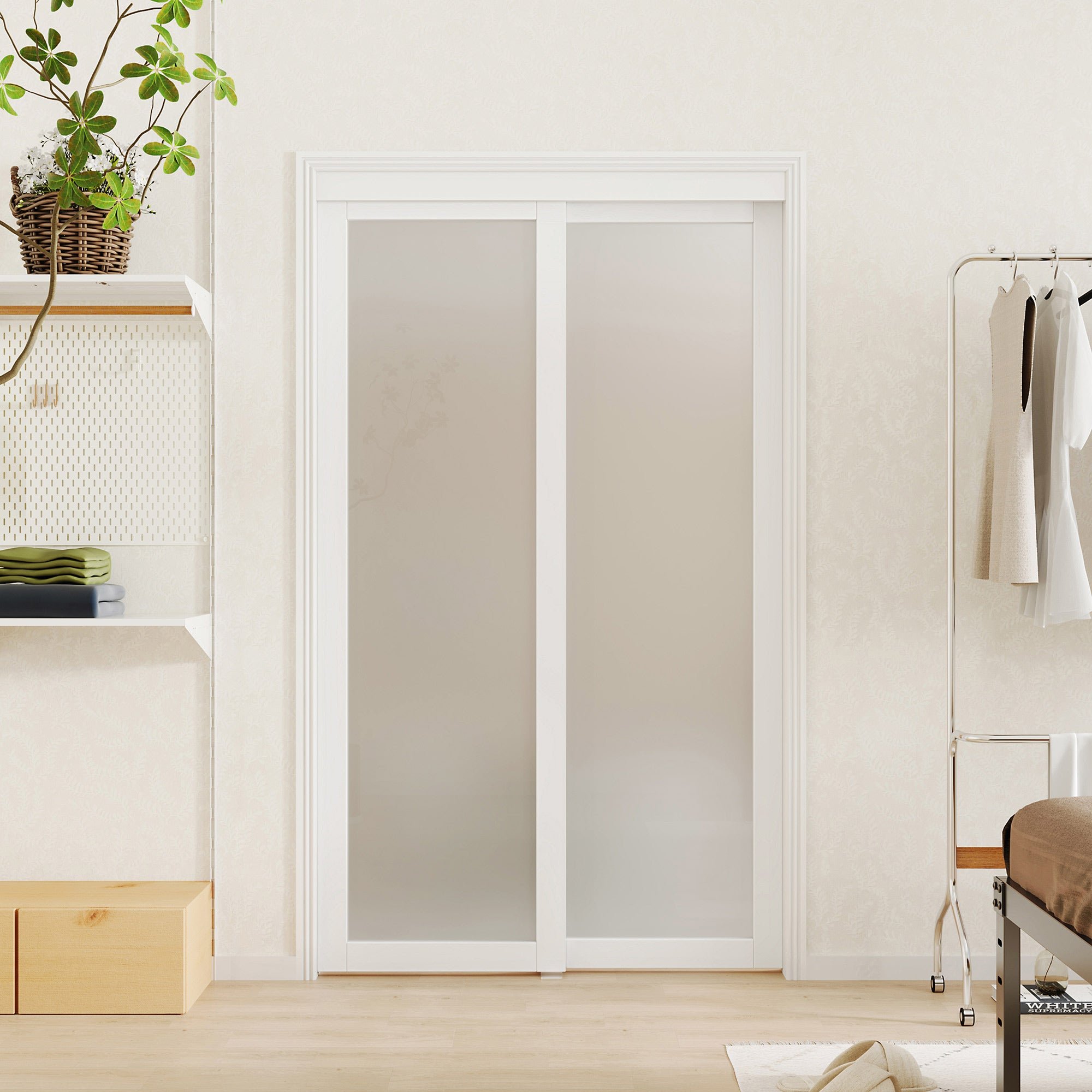 TENONER Sliding Closet Door - 1 Lite Frosted Glass Sliding Door with Hardware Track Kit & Floor Guide, Finished Doors 2 Panels, MDF, White