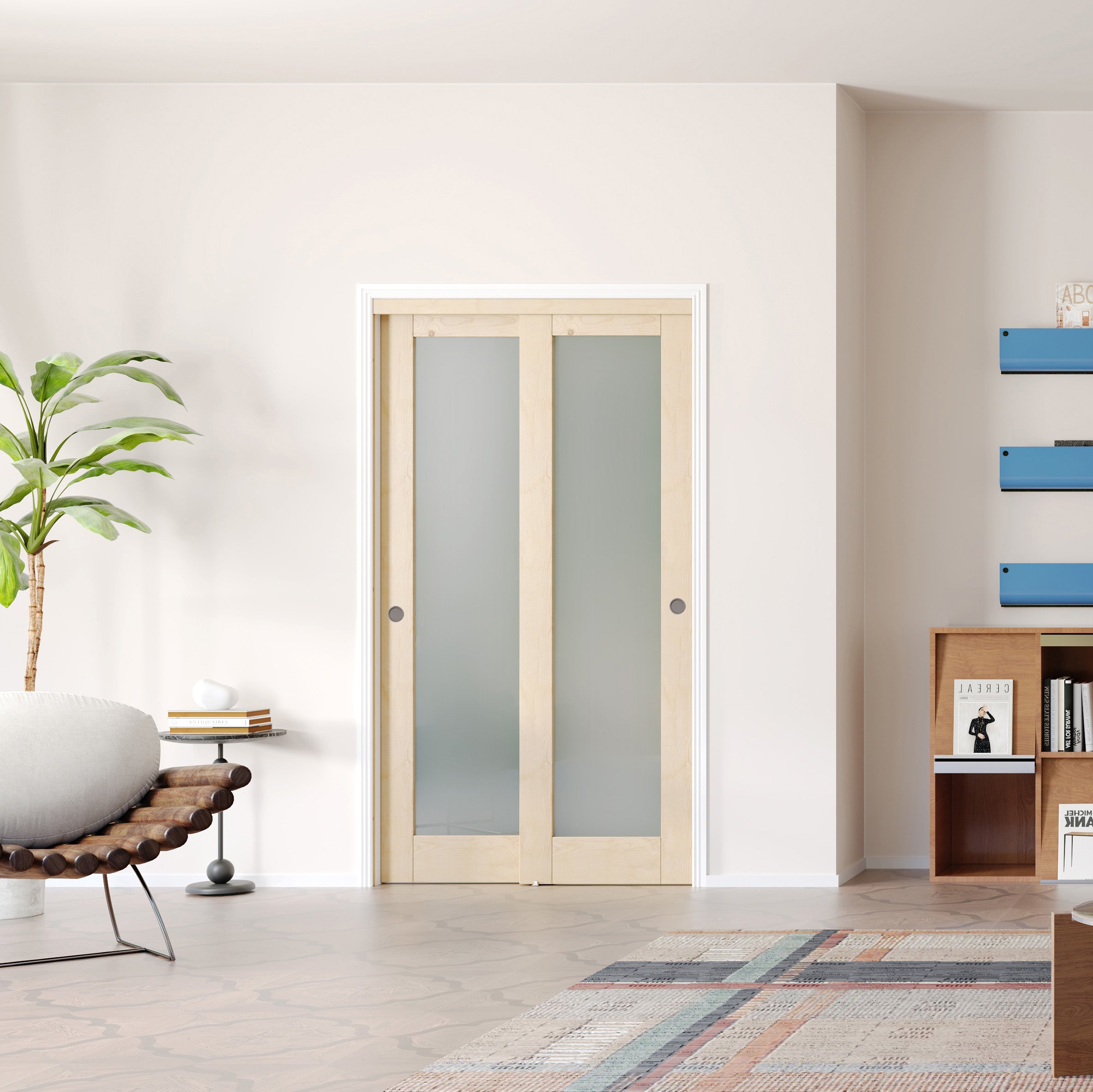 TENONER Pine Wood Color MDF 1-Lite Frosted Glass Single/Double Sliding Closet Door for Bedroom, Closet, and Living room - Easy Assembly, Privacy Enhancing with Hardware Track Kit & Floor Guide