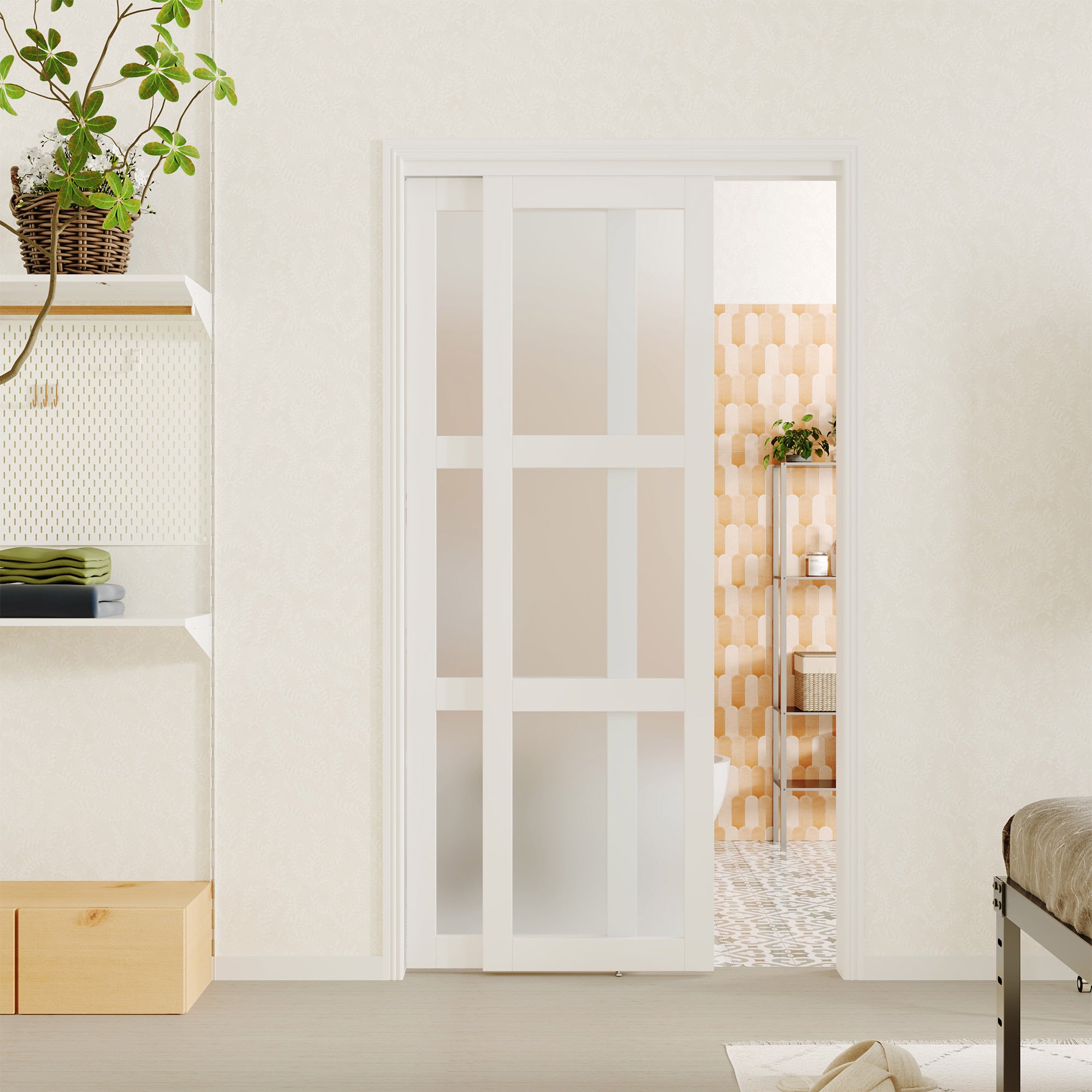 TENONER Sliding Closet Door - 3 Lite Frosted Glass Sliding Door with Hardware Track Kit & Floor Guide, Pre-Drilled Door Panel Need to Assemble, MDF, White