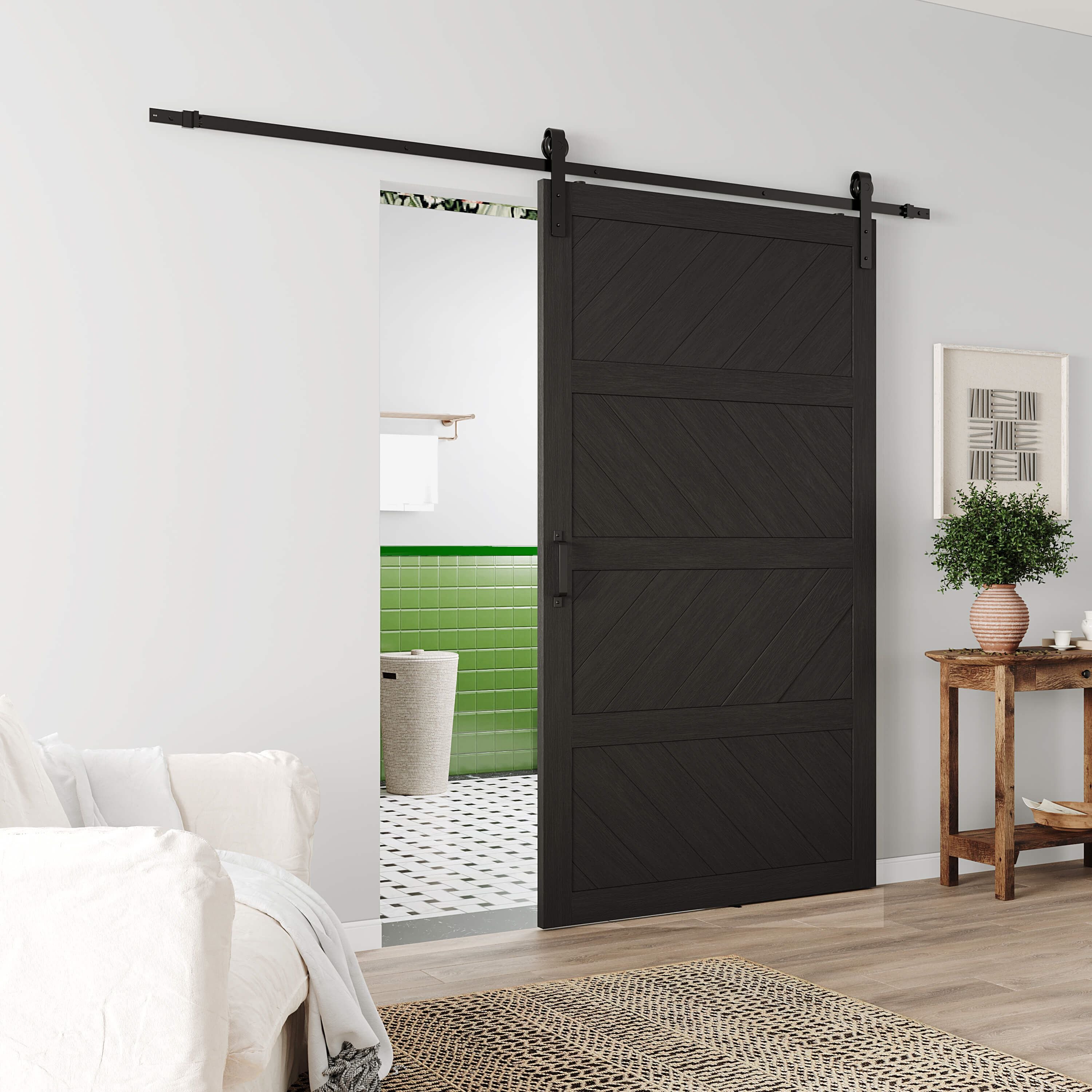 TENONER Sliding Barn Door, Paneled Wood Wave Barn Door,Hardware Kit Included,Water-Proof PVC Surface,Assembly Needed, Black