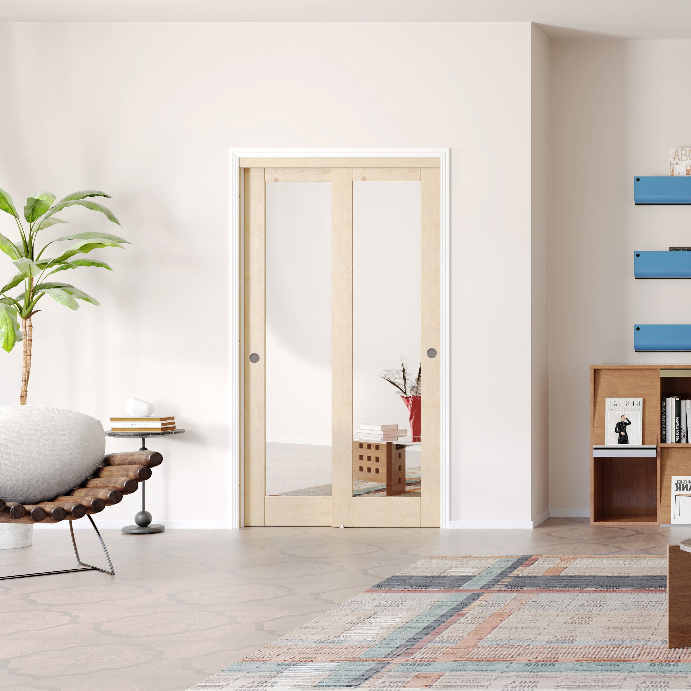 TENONER Pine Wood Color MDF 1-Lite Mirror Single/Double Sliding Closet Door for Bedroom, Closet, and Livingroom - Space-Saving , Durable with Hardware Track Kit & Floor Guide