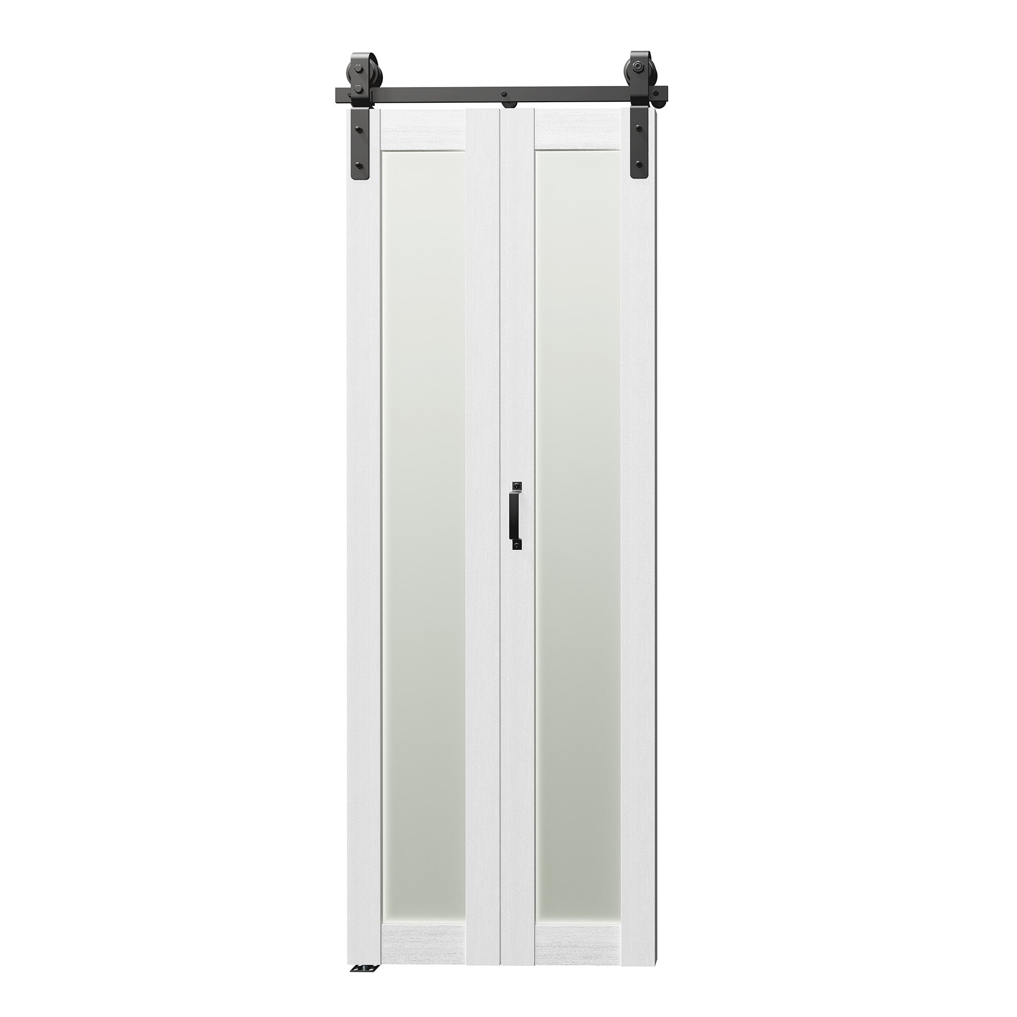 TENONER Bi-Folding Sliding Barn Door, 1 Lites Tempered Frosted Glass Panel with Hardware Kit Set, Finished Closet Door Slab, One Track for 2 Doors, MDF, White