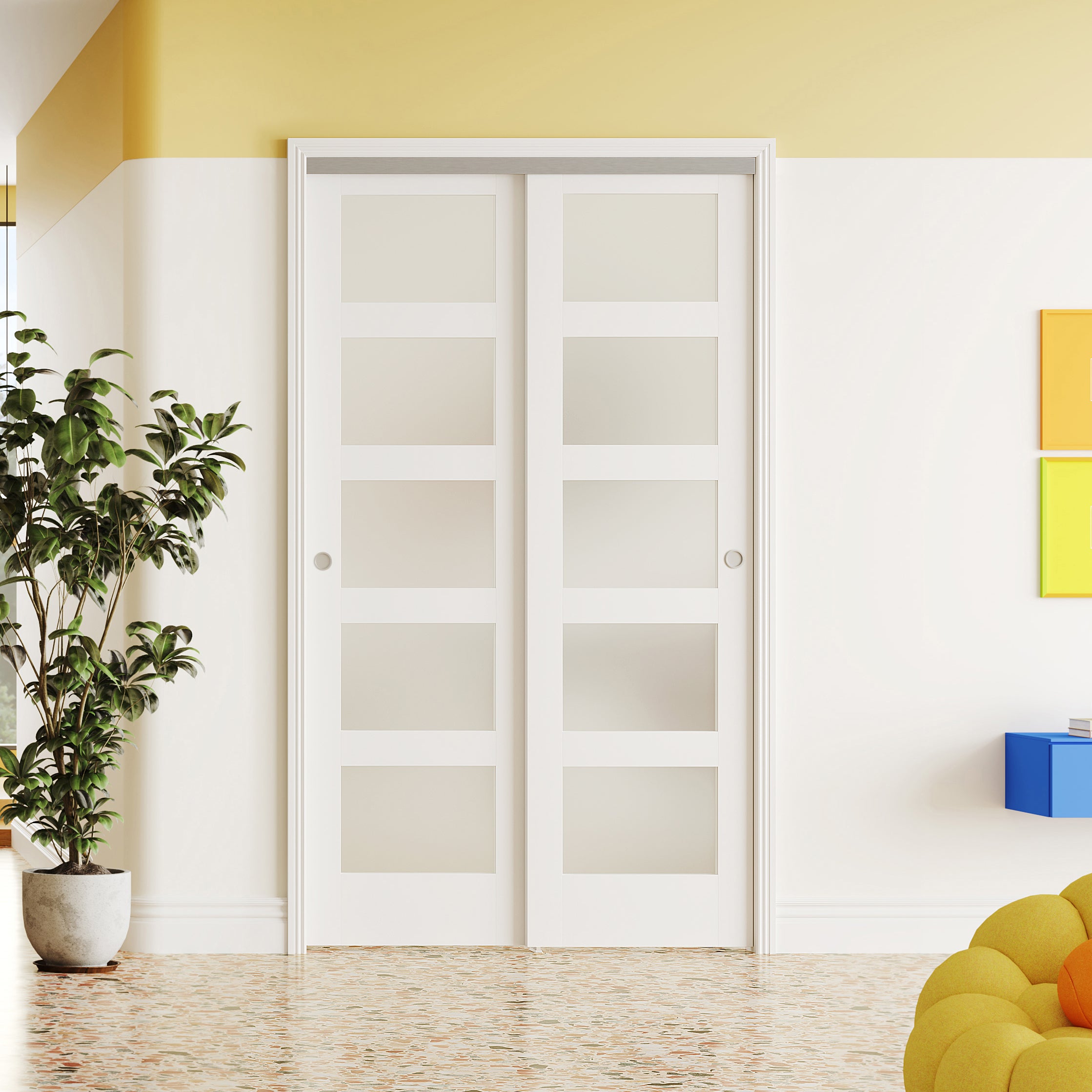 TENONER White MDF 5-Lite Frosted Glass Bypass Door for  Bedroom, Living Room,Laundry – DIY Painted, Easy Installation with Bypass Hardware Kits