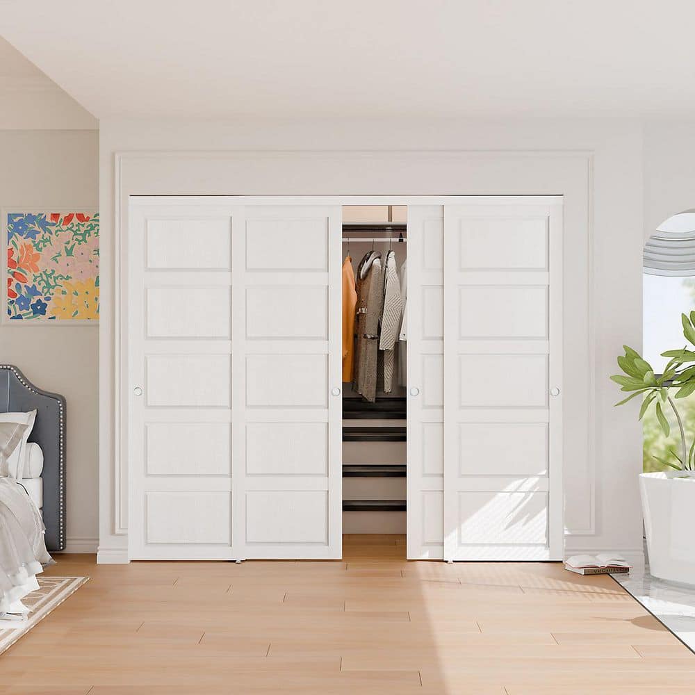 TENONER White MDF 5-Panel Sliding Closet Door for Bedroom, Pantry - Space-Saving, Smooth and Quiet Operation