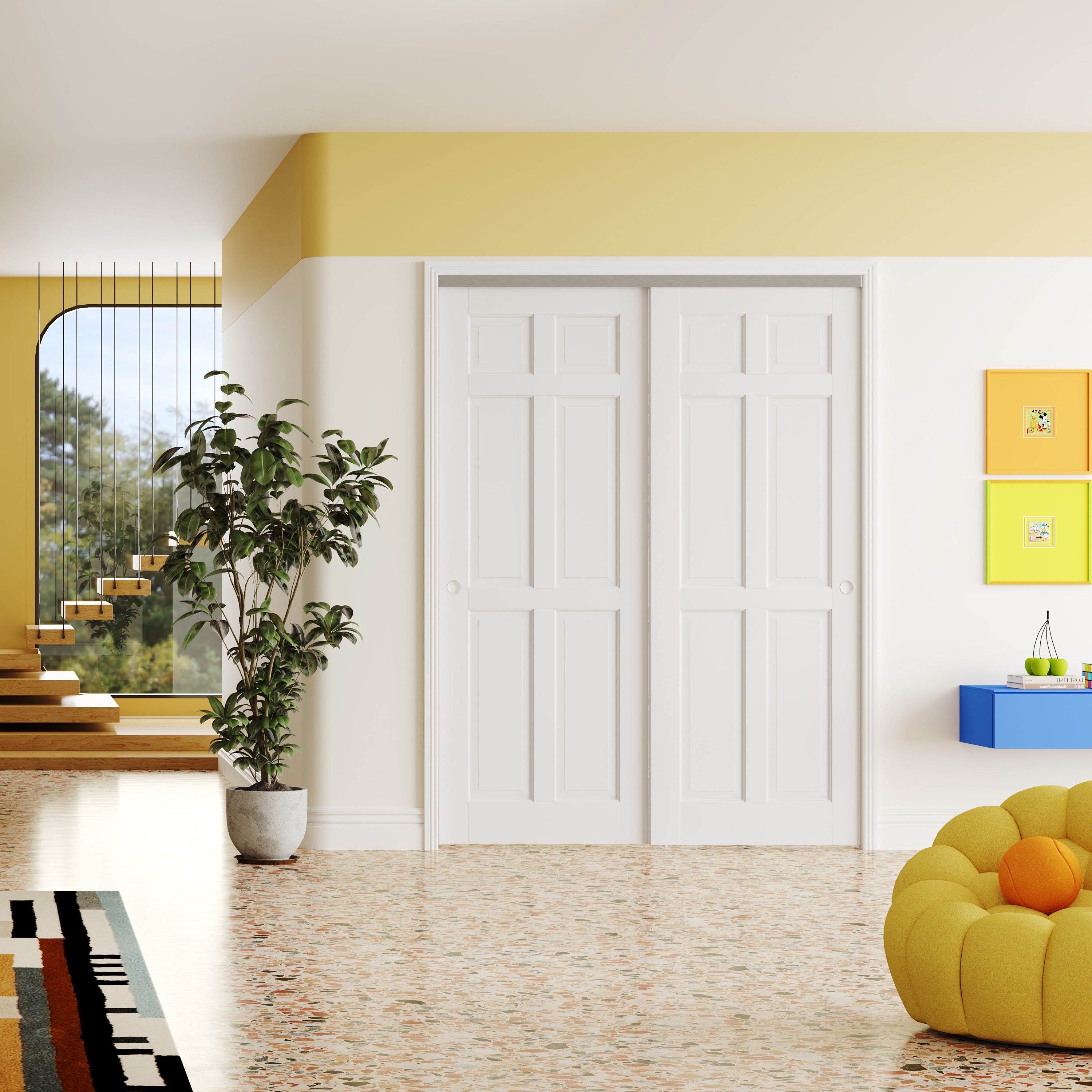 TENONER White MDF 6 Panel Bypass Door for  Bedroom, Living Room,Laundry – DIY Painted, Easy Installation with Bypass Hardware Kits