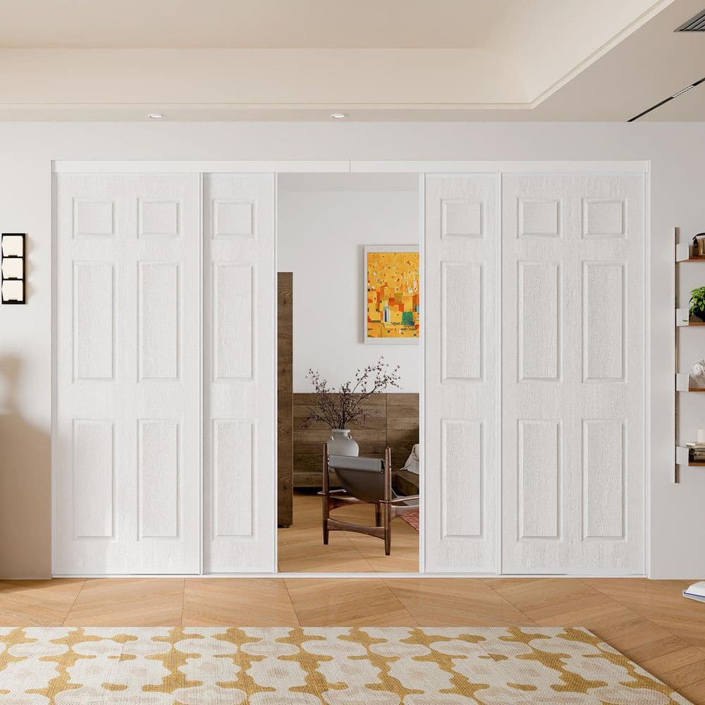 TENONER White 6-Panel Hollow Sliding Closet Door with Top and Bottom Track & Complete Hardware Kit - Paintable