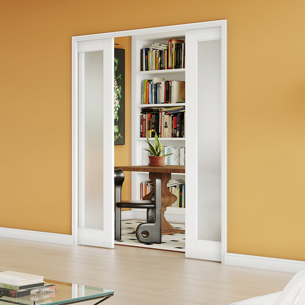 TENONER Sliding Pocket Door, 1-Lite Frosted Glass Interior Door with Frame and Hardware Kit Set, Interior Door Slab for Pocket Door, White Primed - No Panel Assembly Required, Double Door