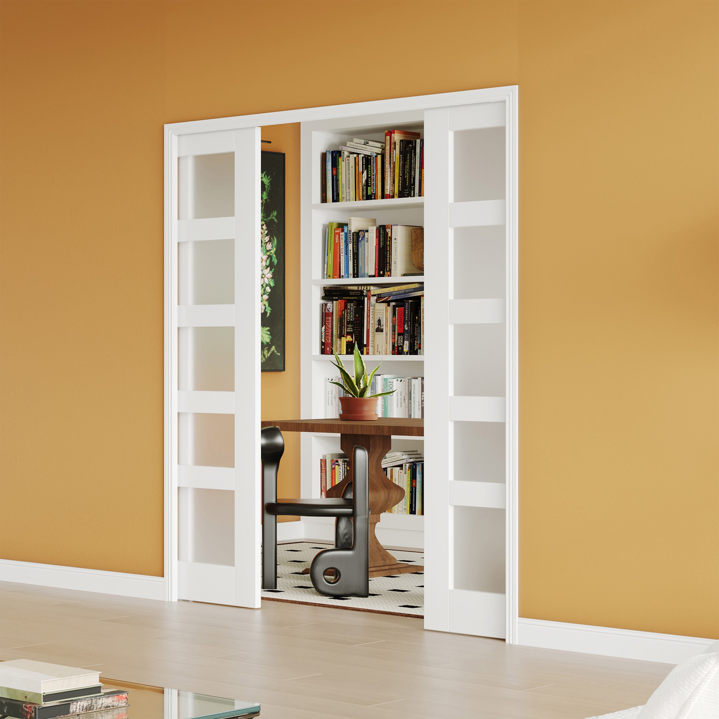 TENONER Sliding Pocket Door, 5-Panel Frosted Glass with Frame and Hardware Kit Set, Solid Wood & MDF White-Primed Interior Door Slab for Pocket Door, Easy to Assemble，Double door