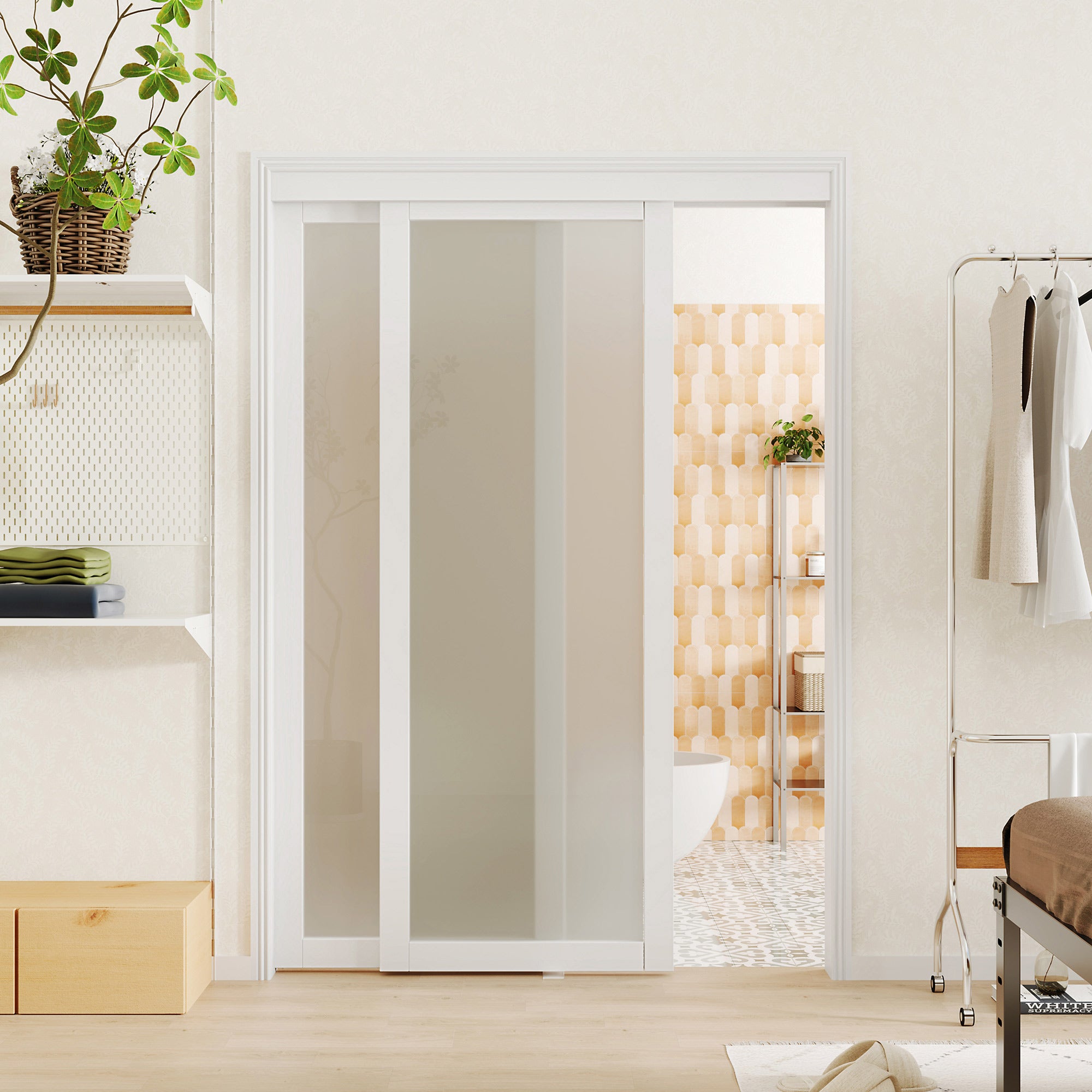 TENONER Sliding Closet Door - 1 Lite Frosted Glass Sliding Door with Hardware Track Kit & Floor Guide, Finished Doors 2 Panels, MDF, White