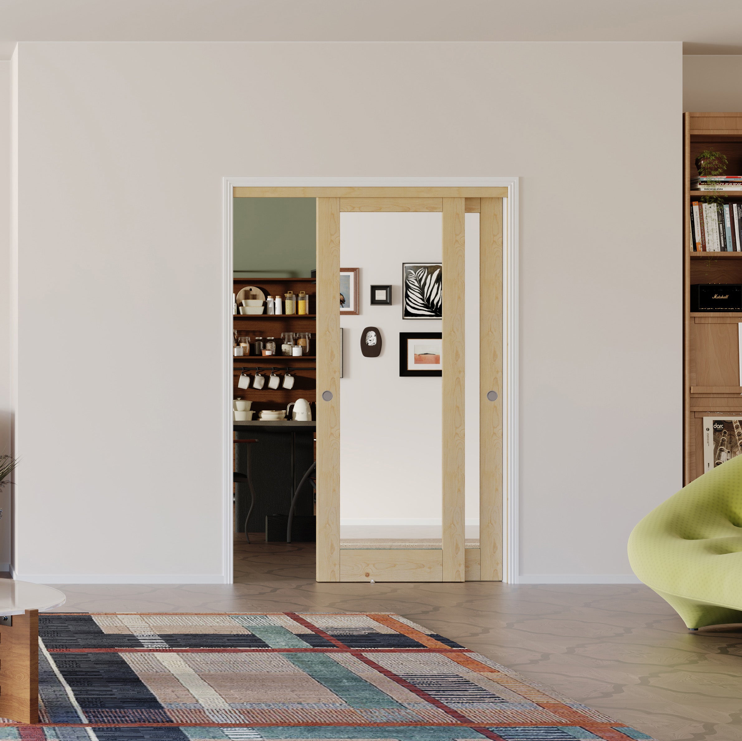 TENONER Pine Wood Color MDF 1-Lite Mirror Single/Double Sliding Closet Door for Bedroom, Closet, and Livingroom - Space-Saving , Durable with Hardware Track Kit & Floor Guide