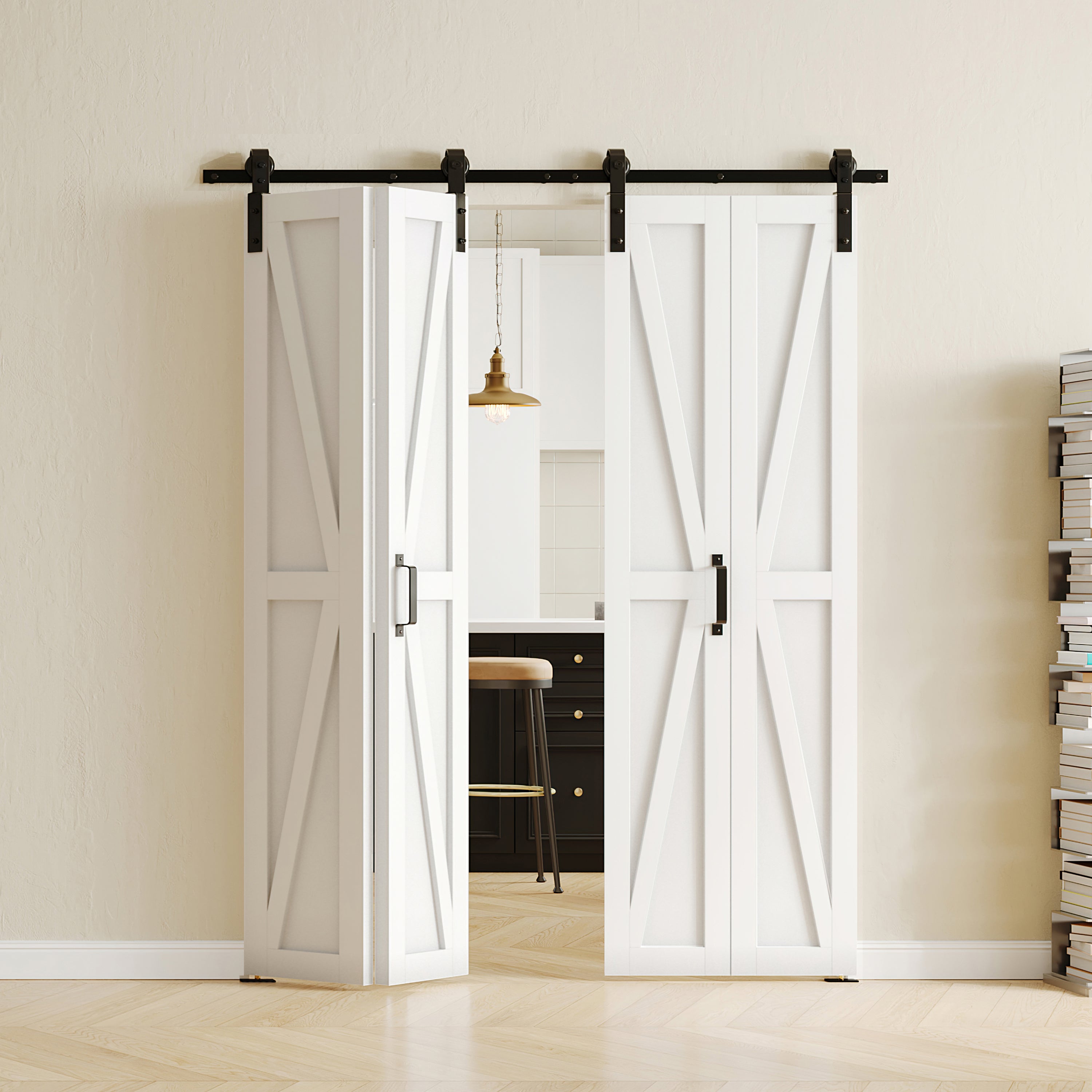 TENONER Double Bi-Fold Sliding Barn Door, K Shaped with Sliding Hardware Kit Set, Finished Closet Door Slab, Two Track for 4 Doors, MDF, White