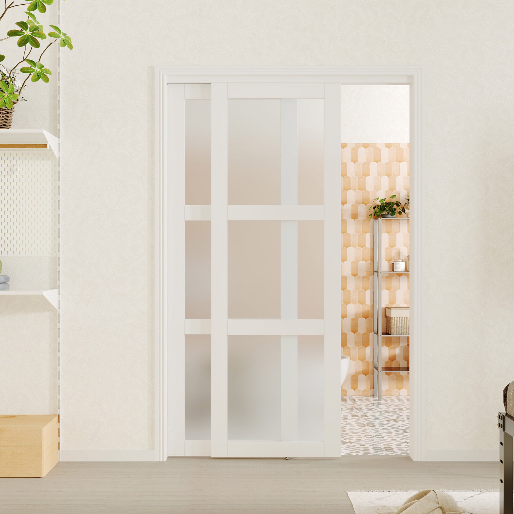 TENONER Sliding Closet Door - 3 Lite Frosted Glass Sliding Door with Hardware Track Kit & Floor Guide, Pre-Drilled Door Panel Need to Assemble, MDF, White