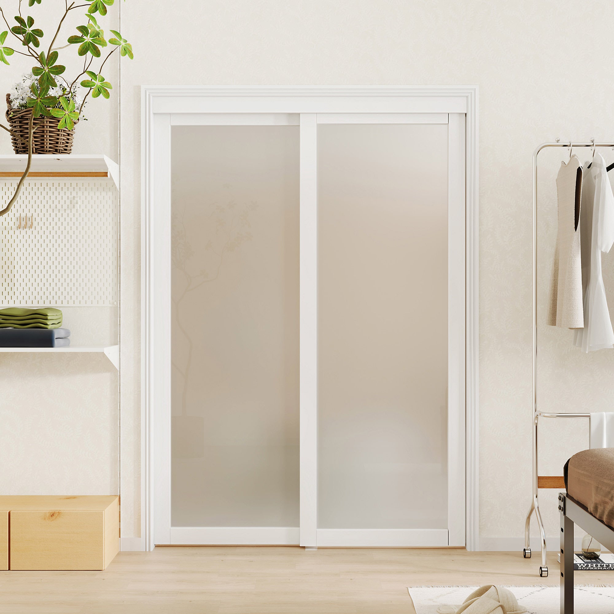 TENONER Sliding Closet Door - 1 Lite Frosted Glass Sliding Door with Hardware Track Kit & Floor Guide, Finished Doors 2 Panels, MDF, White