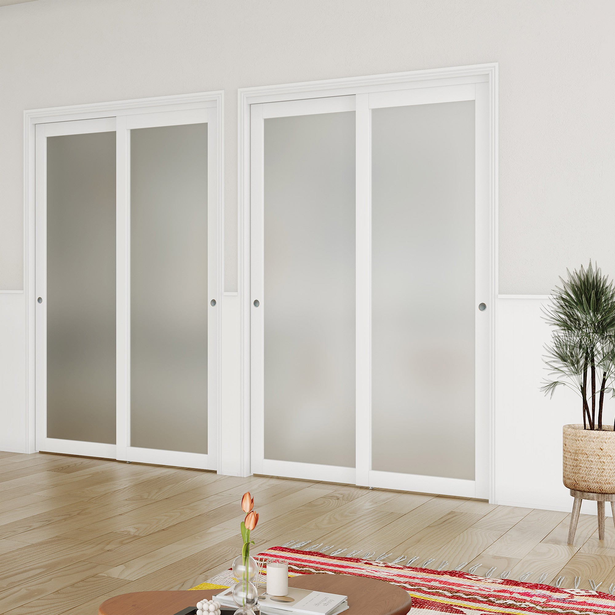 TENONER Double Sliding Closet Door - 1 Lite Frosted Glass Sliding Door with Hardware Track Kit & Floor Guide, Finished Doors 2 Panels, MDF, White