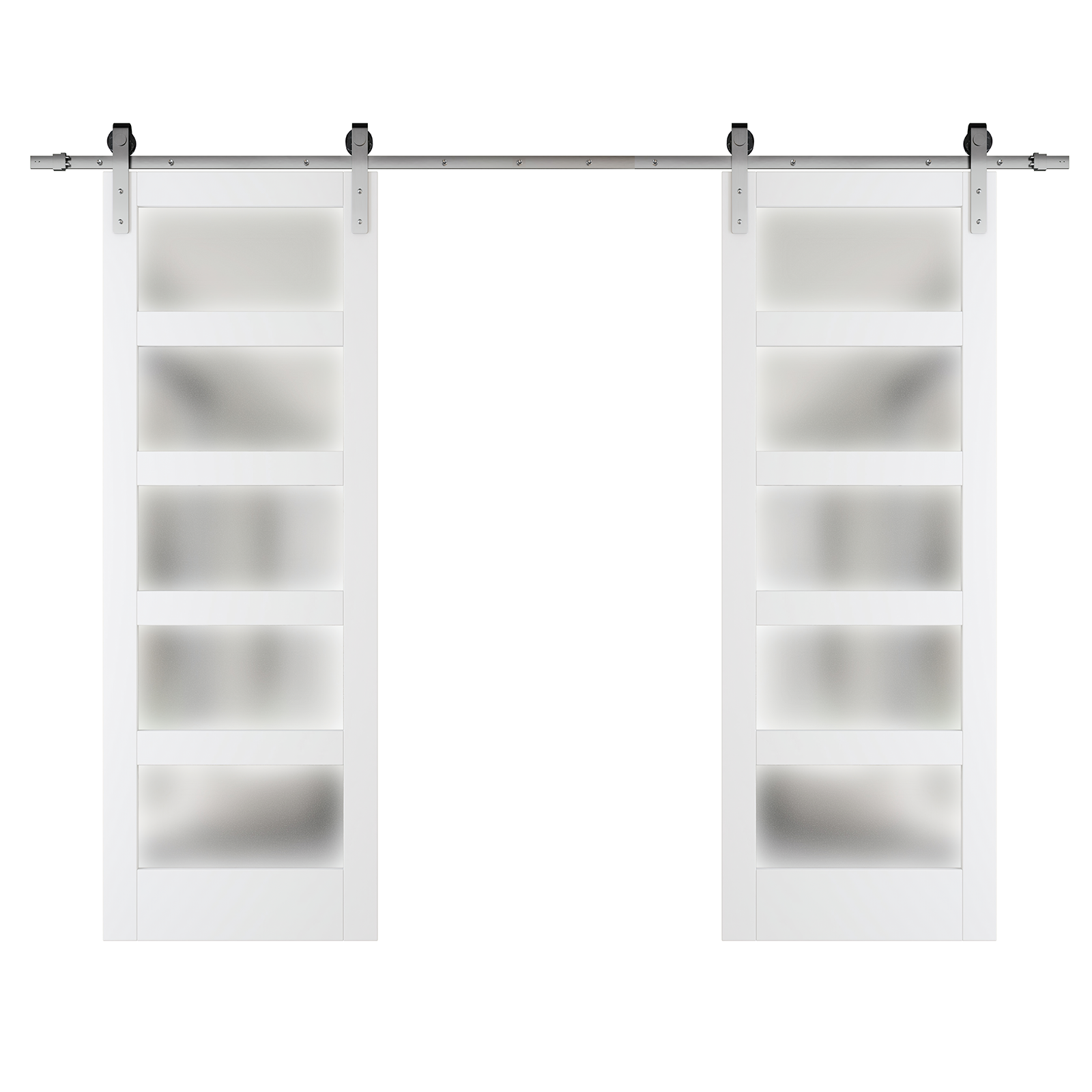 TENONER Sliding Barn Door,12FT(Double 6ft) Brushed Nickel Sliding Door Hardware Kit Included,5-Panel Frosted Glass Framed with MDF & PVC Frame,Assembly Needed,White