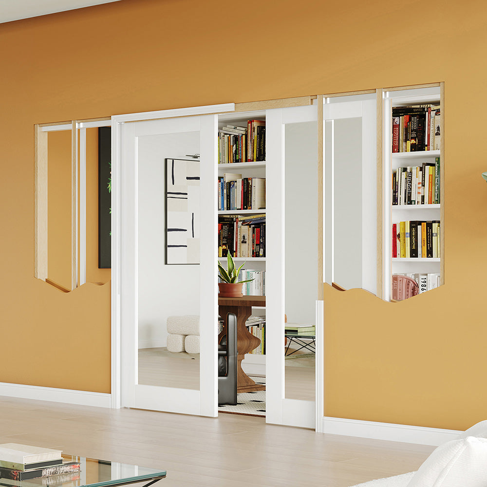 TENONER Sliding Pocket Door, 1-Lite Mirror Interior Door with Frame and Hardware Kit Set, Interior Door Slab for Pocket Door, White Primed - No Panel Assembly Required,Double Door