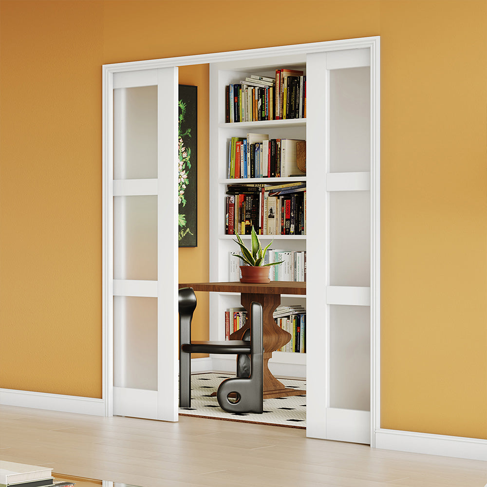 TENONER Sliding Pocket Door, 3-Lite Frosted Glass Interior Door with Frame and Hardware Kit Set, Interior Door Slab for Pocket Door, White Primed - No Panel Assembly Required, Double Door