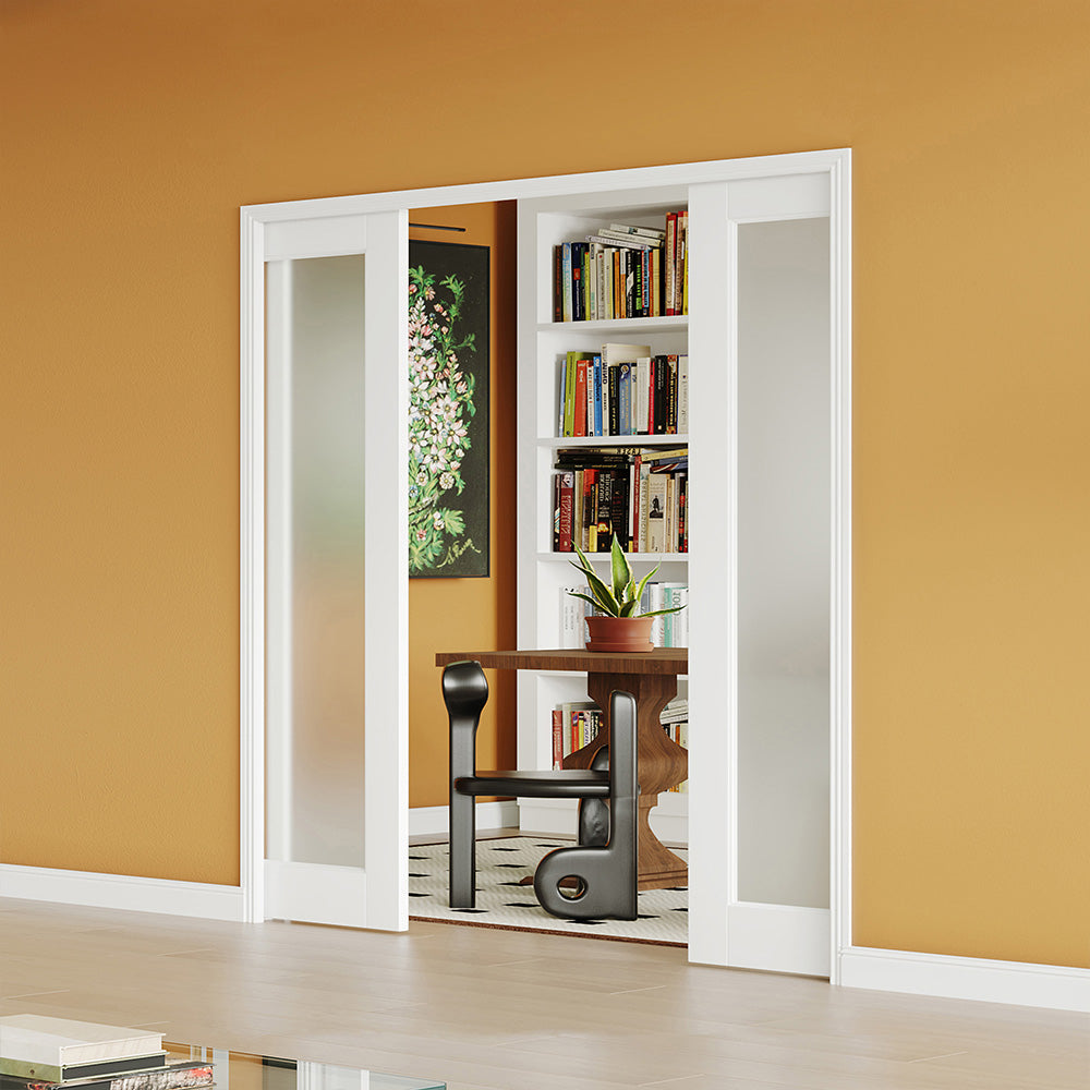 TENONER Sliding Pocket Door, 1-Lite Frosted Glass Interior Door with Frame and Hardware Kit Set, Interior Door Slab for Pocket Door, White Primed - No Panel Assembly Required, Double Door