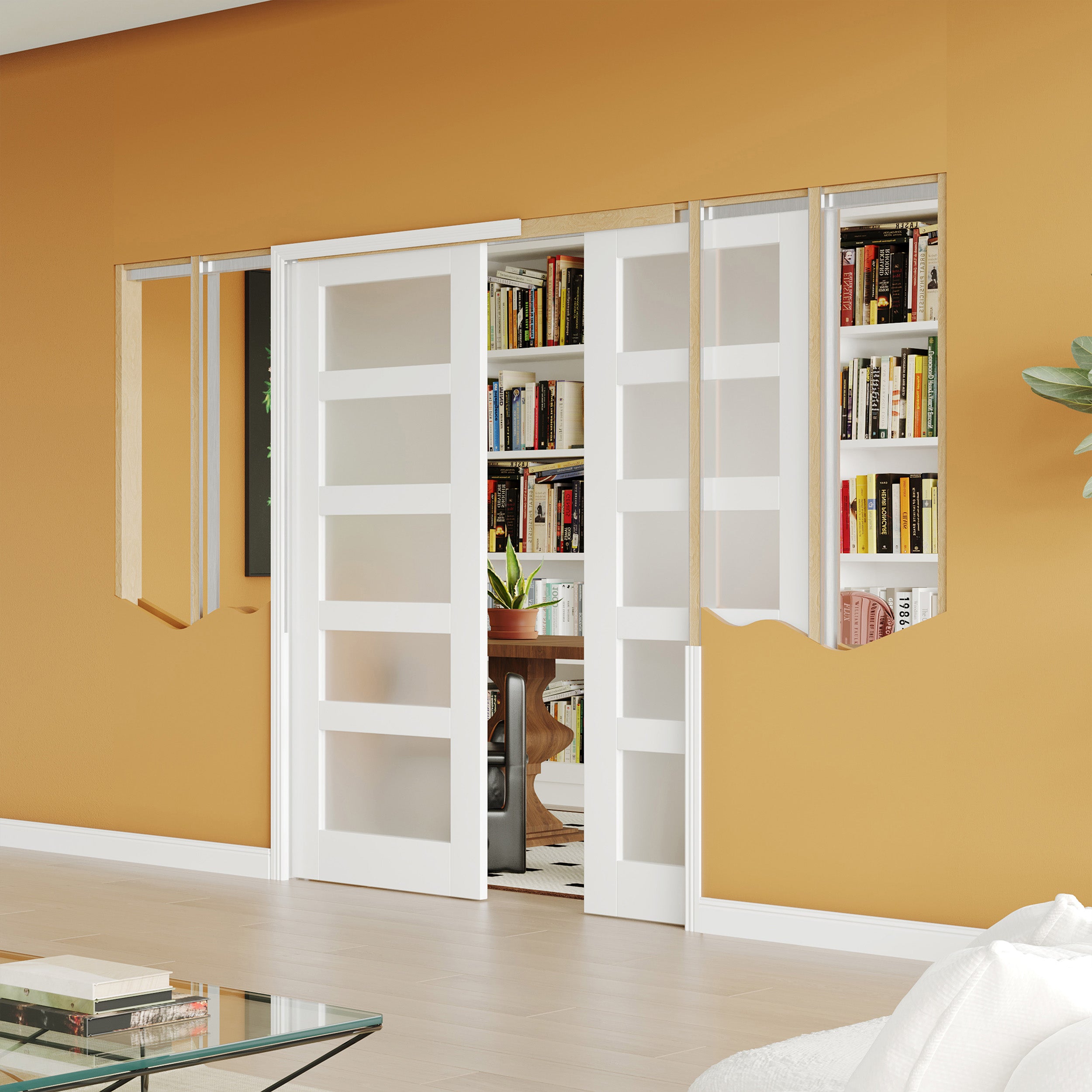 TENONER Sliding Pocket Door, 5-Panel Frosted Glass with Frame and Hardware Kit Set, Solid Wood & MDF White-Primed Interior Door Slab for Pocket Door, Easy to Assemble，Double door