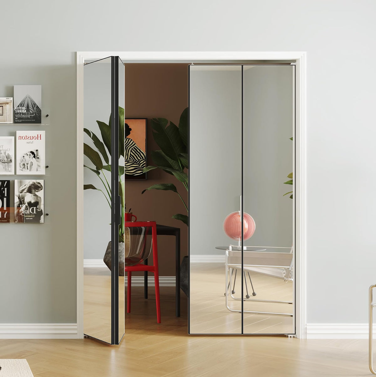 TENONER Black Aluminum Frame Mirrored Interior Bi-Fold Closet Door for Bedroom, Laundry Room - Perfect for Dressing Design