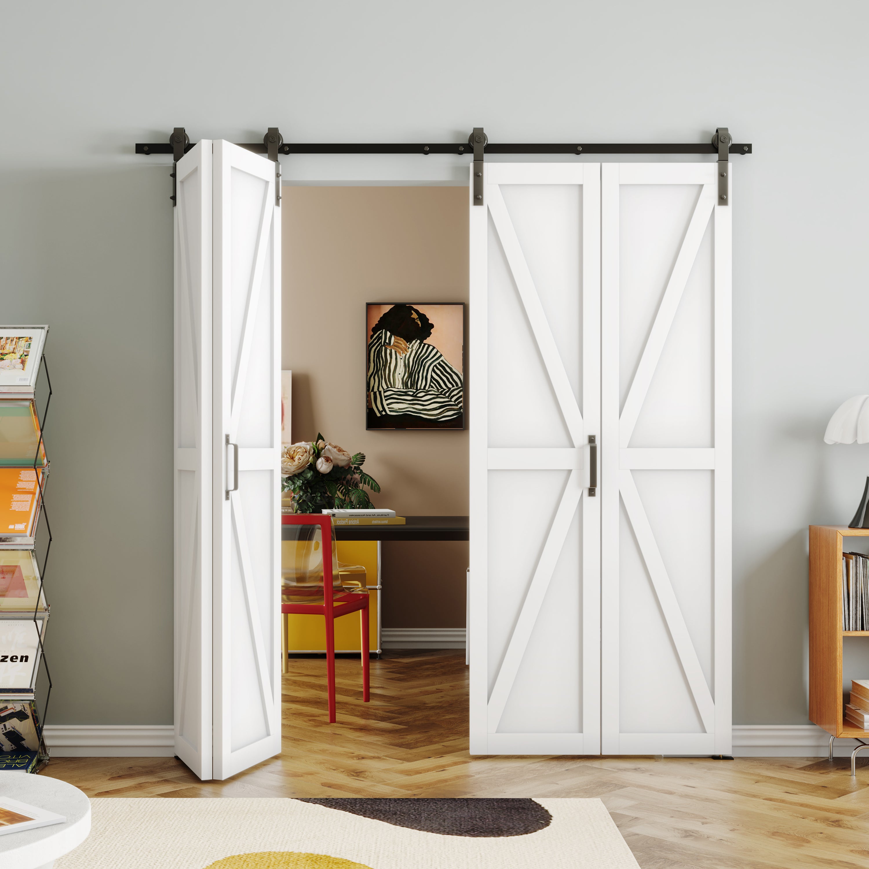 TENONER Double Bi-Fold Sliding Barn Door, K Shaped with Sliding Hardware Kit Set, Finished Closet Door Slab, Two Track for 4 Doors, MDF, White