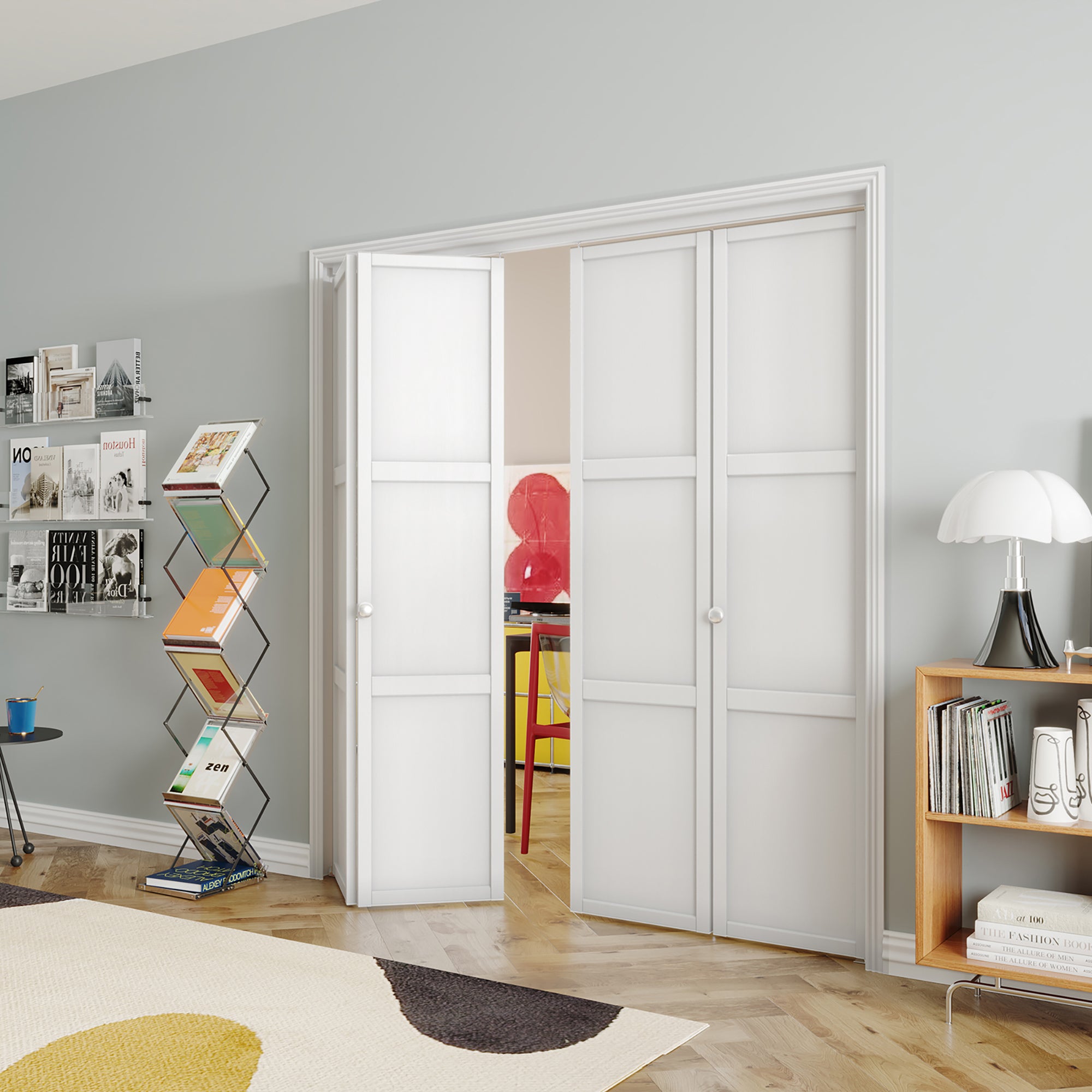 48/60/72 in. x 80 in. White, MDF Wood, 3 Panel Bi-Fold Interior Door for Closet with Hardware Kits