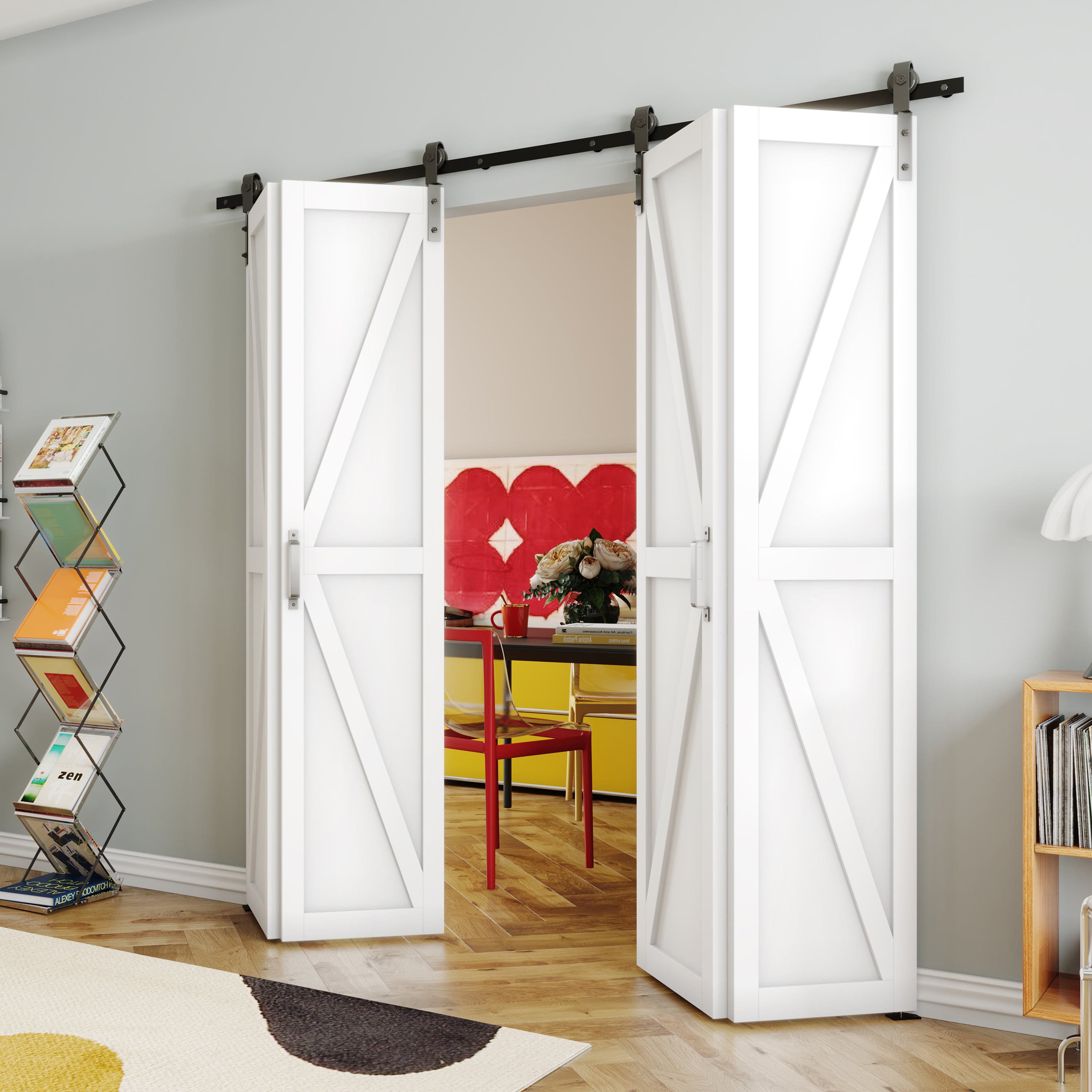 TENONER Double Bi-Fold Sliding Barn Door, K Shaped with Sliding Hardware Kit Set, Finished Closet Door Slab, Two Track for 4 Doors, MDF, White