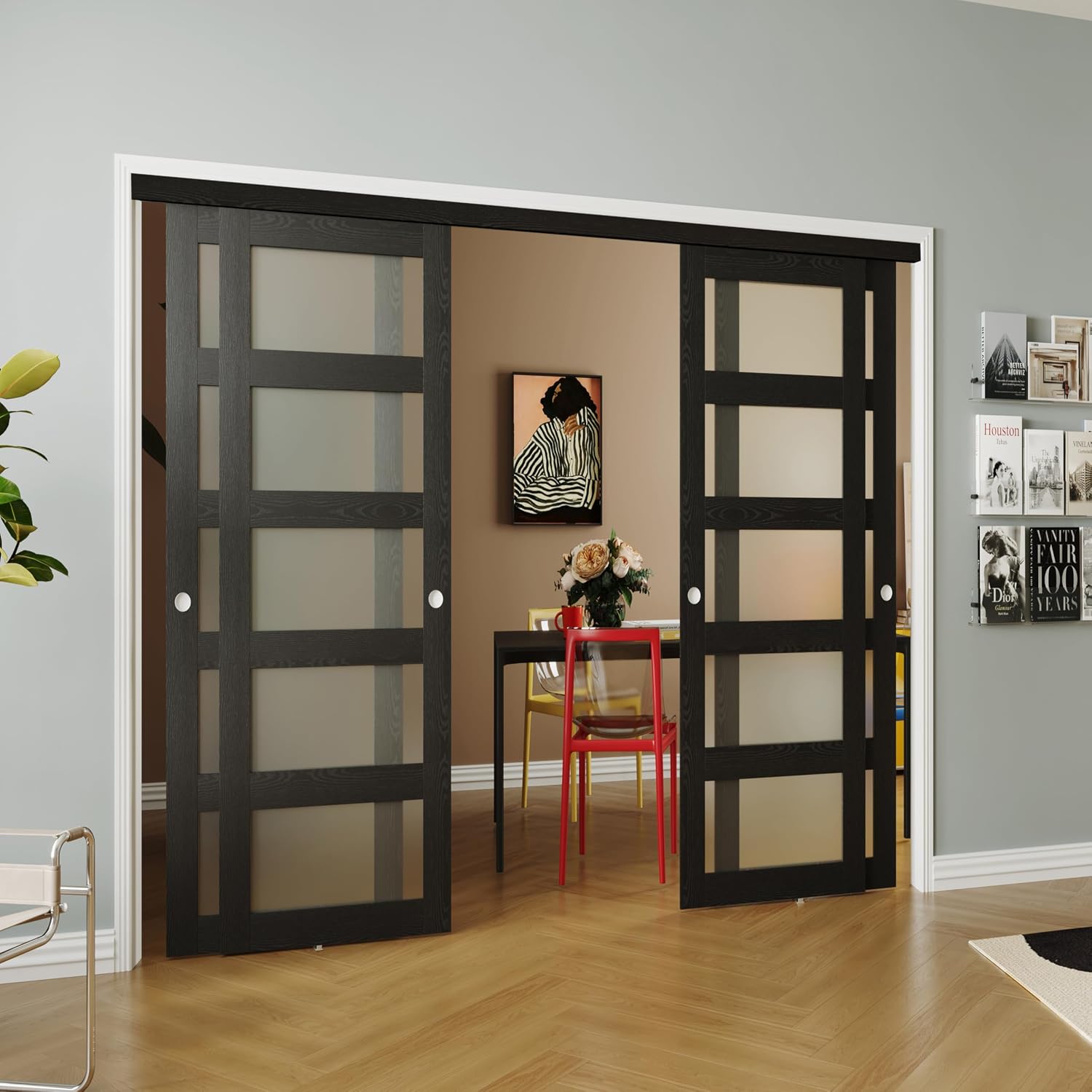 TENONER Black MDF 5-Lite Frosted Glass Closet Doors with Hardware Kit