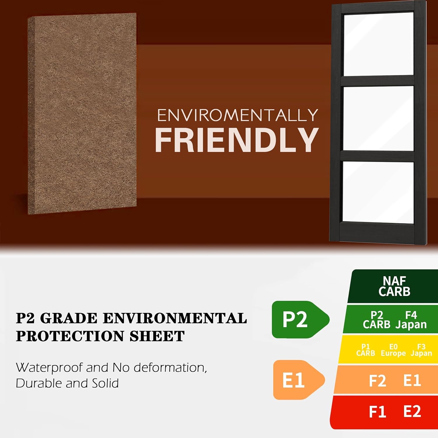 TENONER Black MDF 3-Lite Clear Glass Interior Door Slab for Living Room, Bedroom, Hallway – Durable, Easy to Install, with Handle