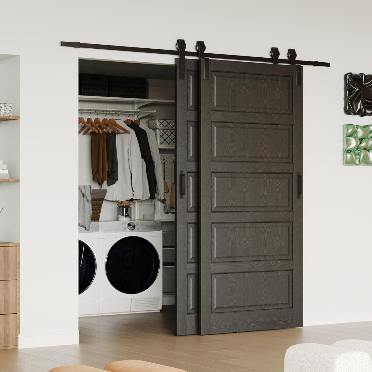 TENONER Black 5-Panel Waterproof Covering MDF Sliding Bypass Barn Door