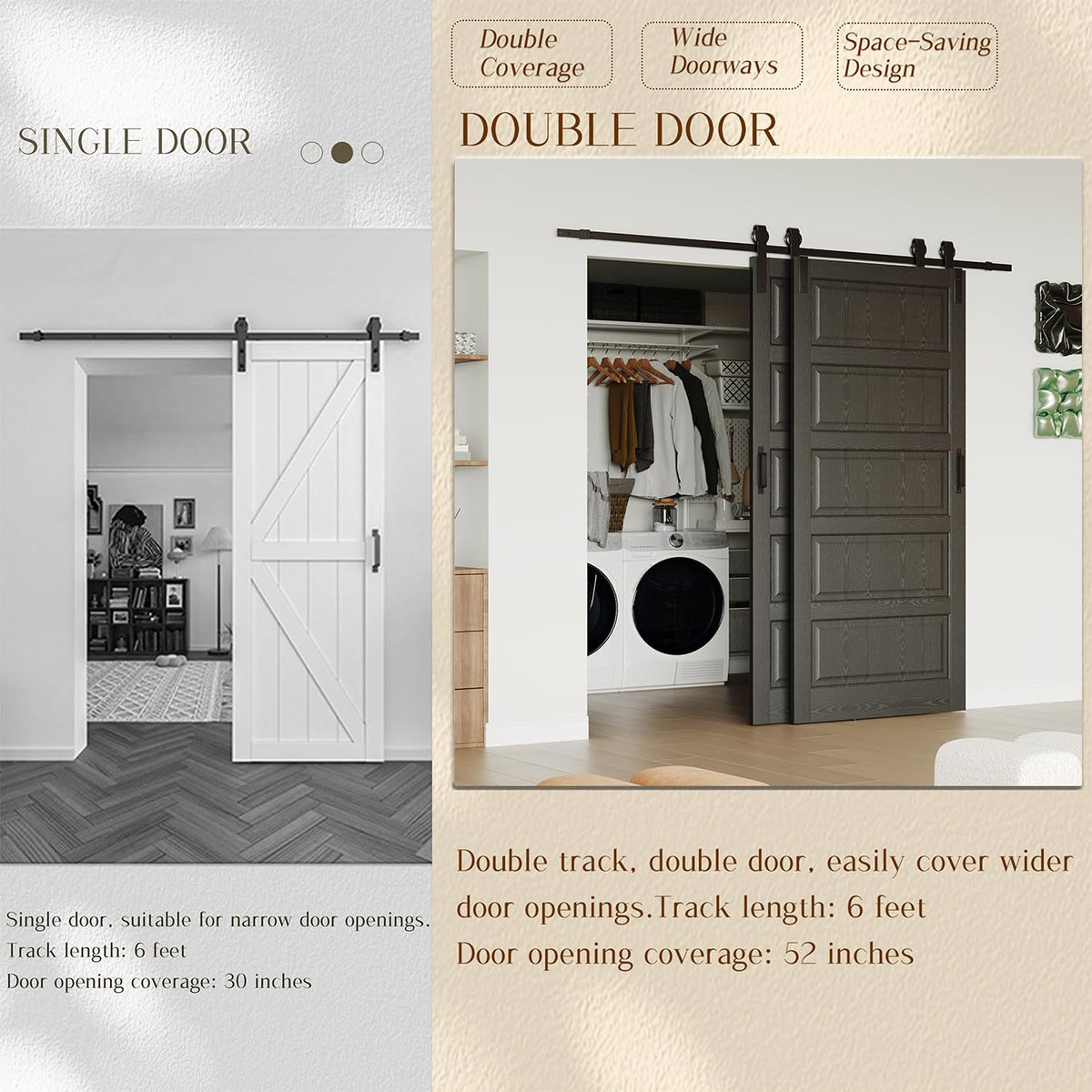 TENONER Black 5-Panel Waterproof Covering MDF Sliding Bypass Barn Door
