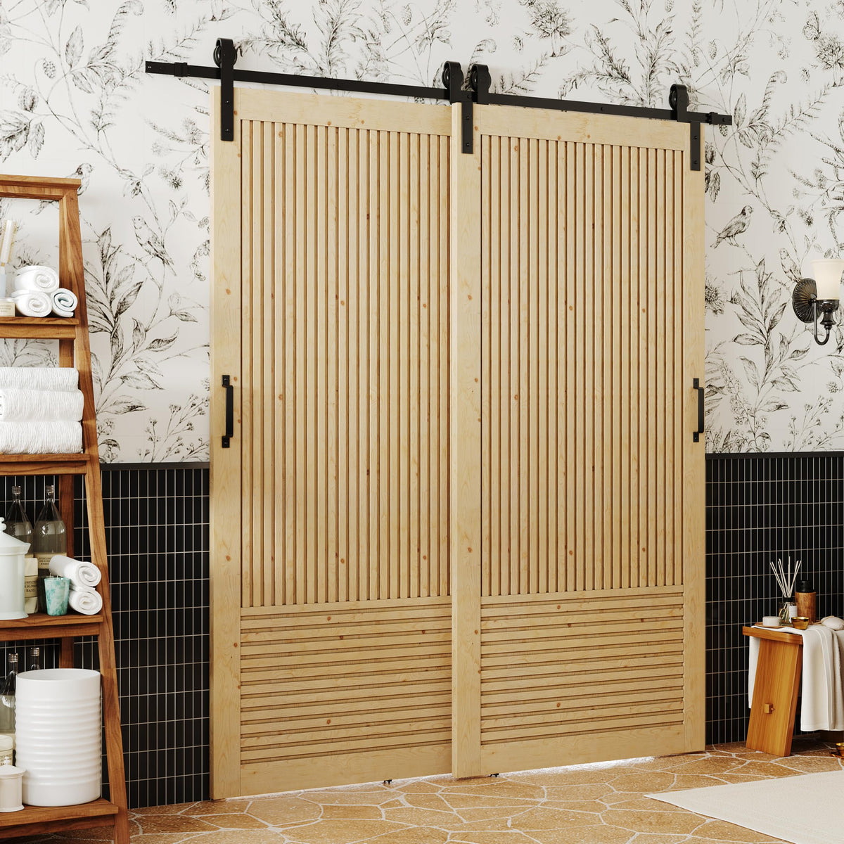 TENONER Light Brown Pine Wood Fluted Sliding Bypass Barn Door
