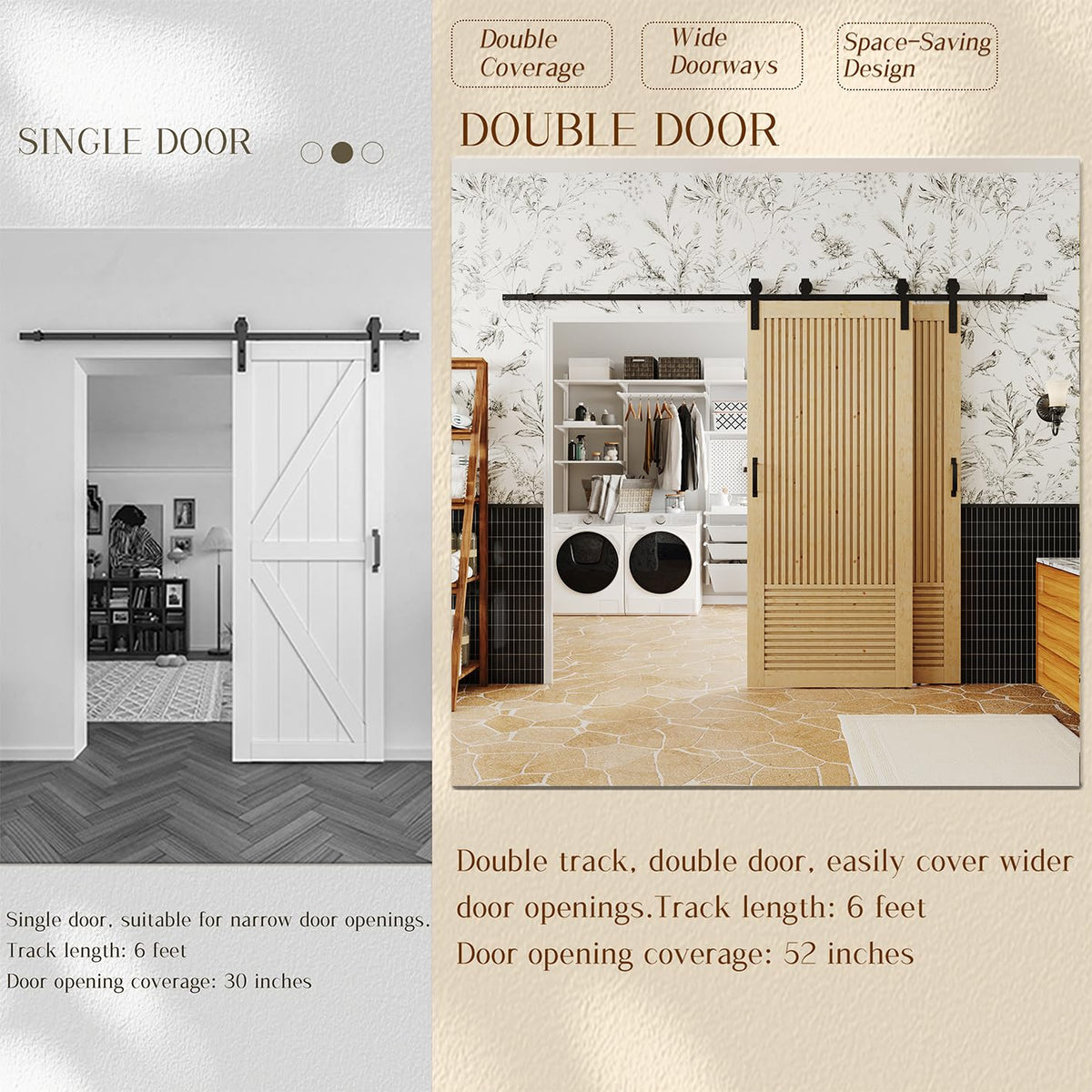 TENONER Light Brown Pine Wood Fluted Sliding Bypass Barn Door