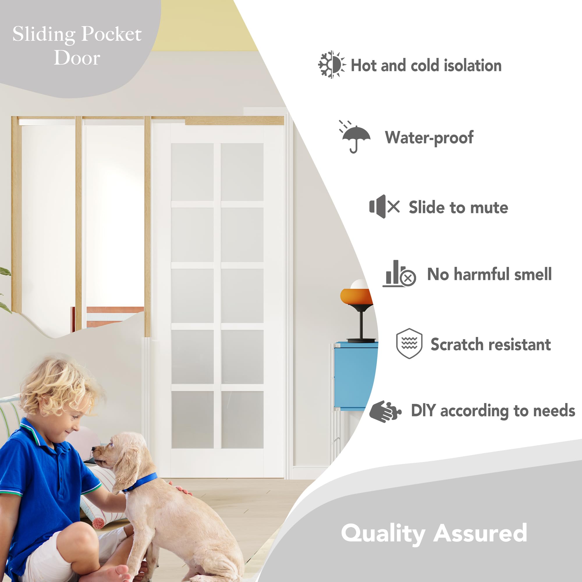 TENOMER White Primed MDF 10-Lite Frosted Glass Sliding Pocket Door with Hardware Kit