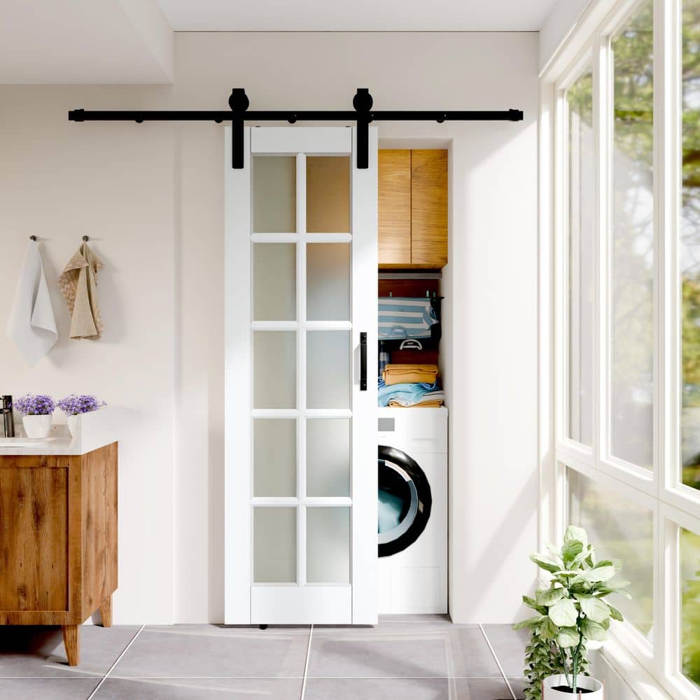 TENOMER White Primed MDF 10-Lite Frosted Glass Sliding Barn Door with Hardware Kit